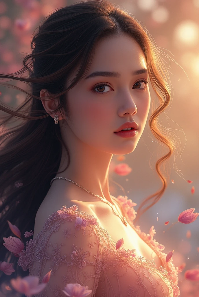 a young woman with long beautiful hair, in a cute idol dress, detailed facial features, hyperrealistic, 8k, highly detailed, cinematic lighting, digital painting, vibrant colors, glowing skin, intricate folds in dress, flowing hair, beautiful eyes, perfect proportions, dynamic pose, elegant, fantasy, ethereal atmosphere