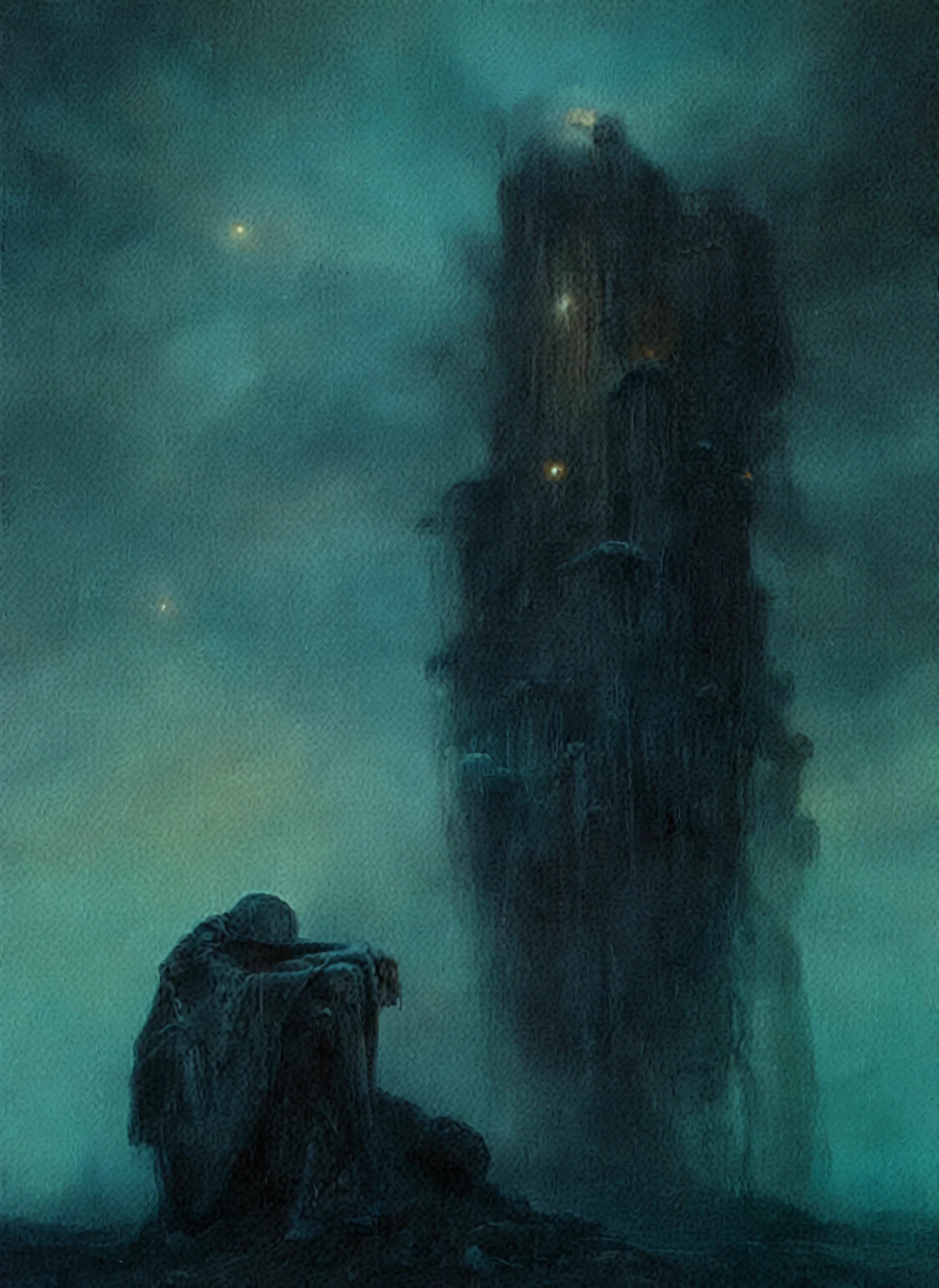 Mythical creatures, author：Zdzislaw Beksiński and gerald brom, Album cover, romantic, Surrealism, Futuristic ,Smiling ,  Wizard, Abstracted, dark,  landscape