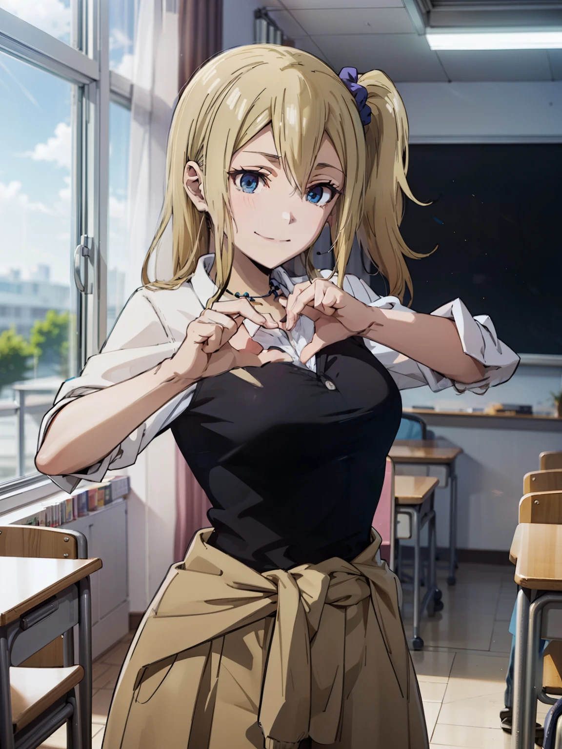 ((Master Quality、8k、masterpiece:1.3、Super detailed、High resolution、Blur、((Face close-up、A big smile、Bust Shot、from the front、Posing with hands in the shape of a heart))、((anime、anime塗り、RAW Photos))、HDR)),(1girl, Alone, aihayasaka), Best Quality, (masterpiece:1.2), Blonde, blue eyes, Side Ponytail, Scrunchie,necklace, uniform, Cardigan around the waist, Looking at the audience, classroom, window