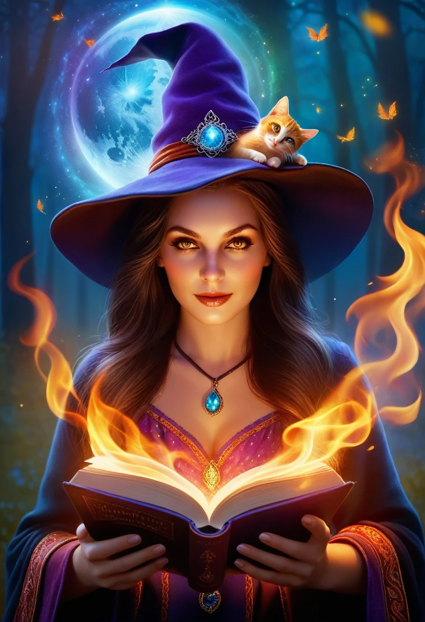 chillblaze, Girl 1, witch, conjures, A book in his hand, Small Kattelok, Fire is burning, bright colors, Clear drawing of details, a mystic, clear detail, The background sparkles with colors, A Clear Picture of What&#39;s Happening, amulet, Eyes Burn Brightly, Magic happens, Fantasy, Very well-developed picture, All the little things are visible, Темная Fantasy, The whole picture is visible, Maximum Quality Elaboration, score_9, score_8_up, score_7_up, masterpiece, Ultra Image Quality, (((short hair:1.3))), (((blue hair:1.3)))