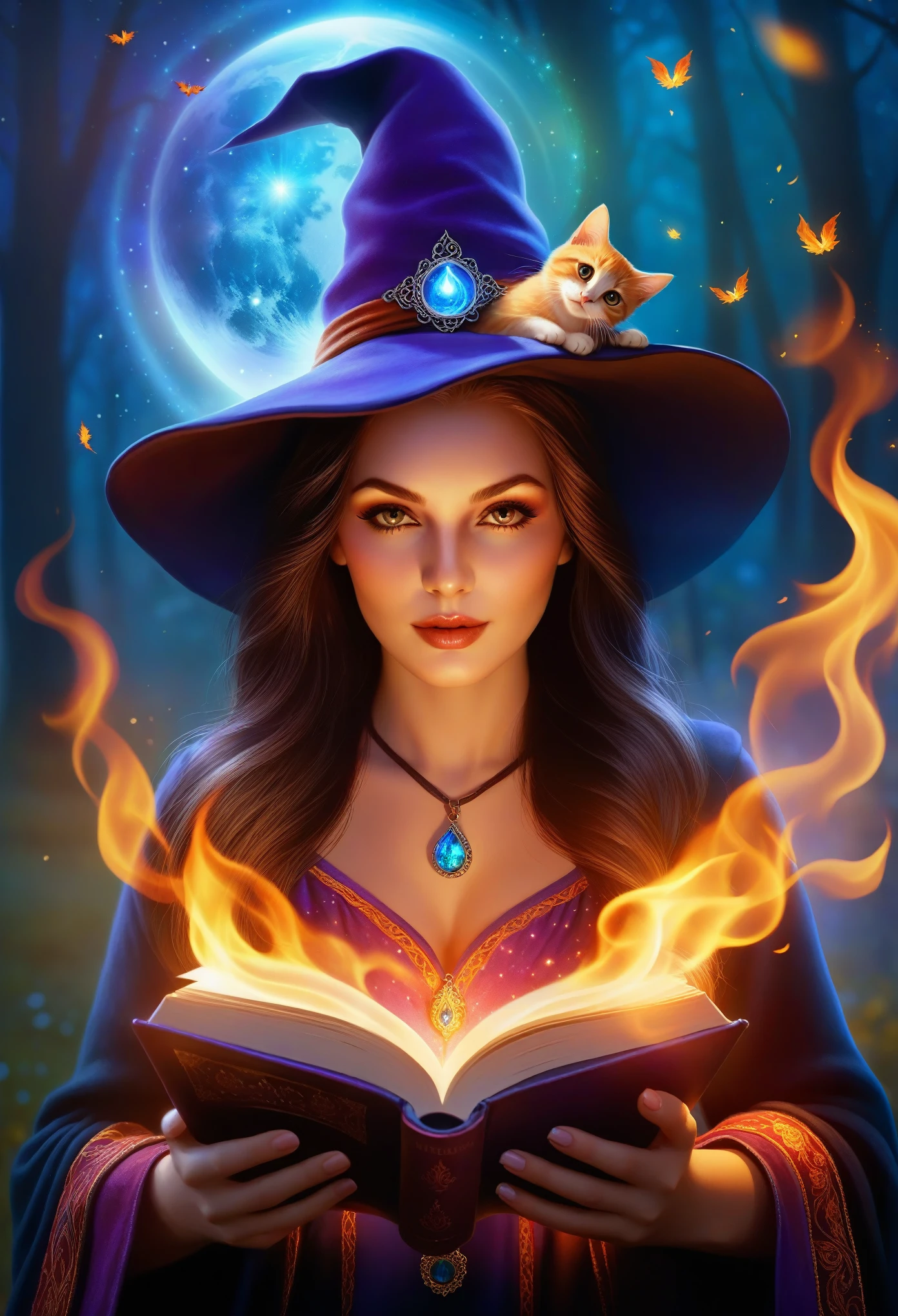 chillblaze, Girl 1, witch, conjures, A book in his hand, Small Kattelok, Fire is burning, bright colors, Clear drawing of details, a mystic, clear detail, The background sparkles with colors, A Clear Picture of What&#39;s Happening, amulet, Eyes Burn Brightly, Magic happens, Fantasy, Very well-developed picture, All the little things are visible, Темная Fantasy, The whole picture is visible, Maximum Quality Elaboration, score_9, score_8_up, score_7_up, masterpiece, Ultra Image Quality, (((short hair:1.3))), (((blue hair:1.3)))