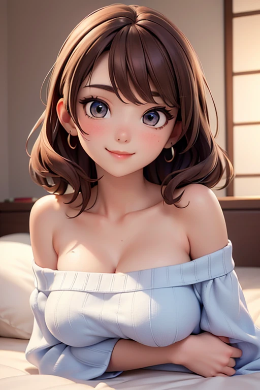 UHD, masterpiece, anatomically correct, high details, best quality, 16k, Japanese women、4、1 person, Brown Hair, (Off-the-shoulder cut top:1.2), Highly detailed face, Beautiful Eyes, double eyelid, bedroom, Lying on the bed、Disheveled sheets、smile, Big Breasts,  (Look into the viewer&#39;s eyes:1.4), (Watching the audience:1.4), (Upper front図:1.4), (Upper front:1.4), Asymmetrical short pixie cut、(Parted lips), (Half-open eyes), (Breathing), (Highest quality), (masterpiece), (High resolution), Close-up photo with focus on face、Perfect Makeup、Glossy Red Lips、Strong eyeliner、Dark eyeshadow、