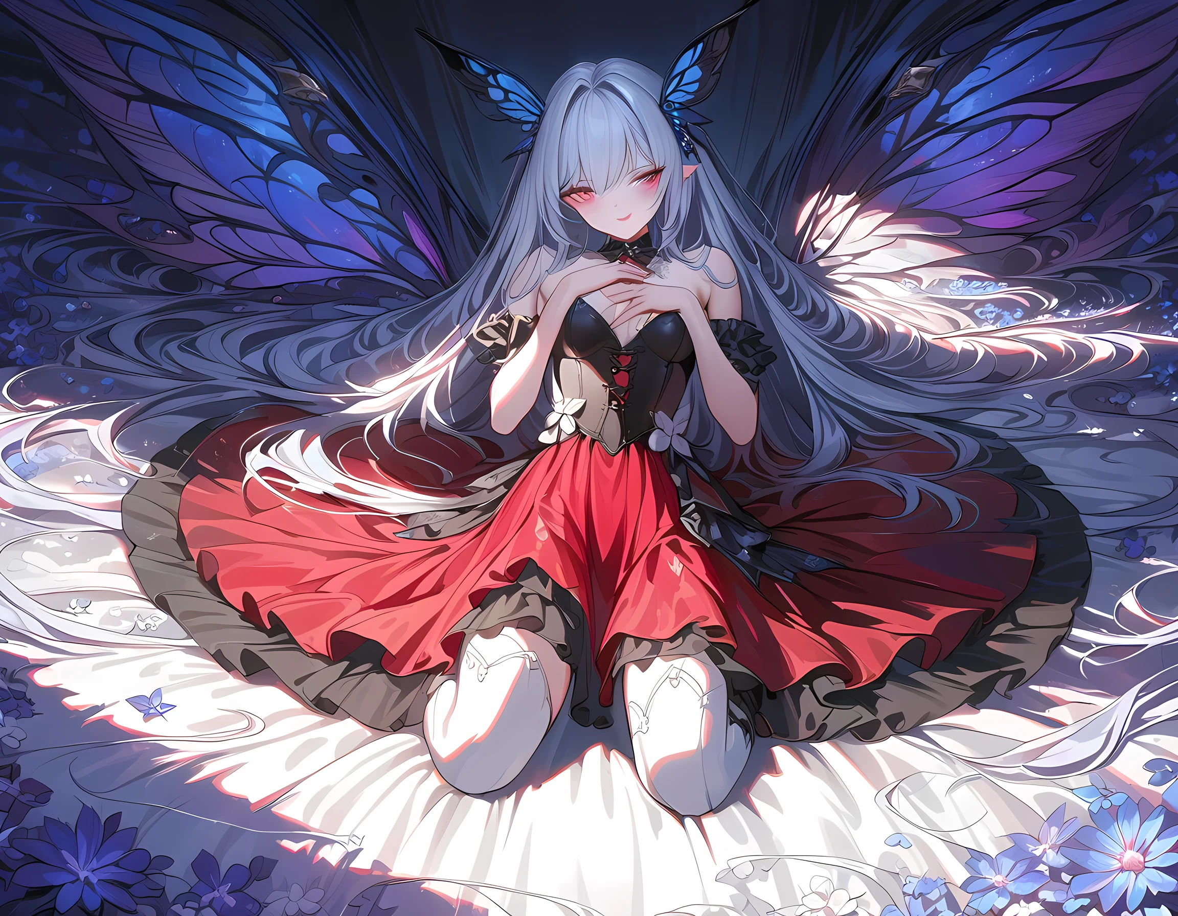 high details, best quality, 16k, RAW, [best detailed], masterpiece, best quality, (extremely detailed), full body, ultra wide shot, photorealistic, dark fantasy art, goth art, RPG art, D&D art, a picture of a dark female fairy resting in a flower meadow, extremely beautiful fairy, ultra feminine (intense details, Masterpiece, best quality), best detailed face (intense details, Masterpiece, best quality), having wide butterfly wings, spread butterfly wings (intense details, Masterpiece, best quality), dark colors wings (intense details, Masterpiece, best quality), (blue) hair, long hair, shinning hair, flowing hair, shy smile, innocent smile, (red: 1.3) eyes, dark red lips, wearing [red] dress latex corset (intense details, Masterpiece, best quality), dynamic elegant shirt, chocker, wearing high heels, in dark colored flower meadow (intense details, Masterpiece, best quality), (red flowers: 1.2) , (black flowers: 1.2), (white flowers: 1.2), (blue flowers: 1.3) [extreme many flowers] (intense details, Masterpiece, best quality), dark colorful flowers (intense details, Masterpiece, best quality), flower meadow in a dark goth field background, dim light, cinematic light, High Detail, Ultra High Quality, High Resolution, 16K Resolution, Ultra HD Pictures, Clear Details, Realistic Detail, Ultra High Definition, DonMF41ryW1ng5XL