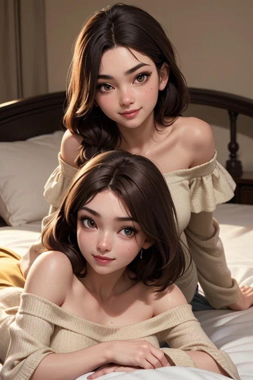 UHD, masterpiece, anatomically correct, high details, best quality, 16k, Japanese women、4、1 person, Brown Hair, (Off-the-shoulder cut top:1.2), Highly detailed face, Beautiful Eyes, double eyelid, bedroom, (Lying on the bed:1.4)、Disheveled sheets、smile, Big Breasts,  (Look into the viewer&#39;s eyes:1.4), (Watching the audience:1.4), (Upper front図:1.4), (Upper front:1.4), Asymmetrical short pixie cut、(Parted lips), (Half-open eyes), (Breathing), (Highest quality), (masterpiece), (High resolution), Close-up photo with focus on face、Perfect Makeup、Glossy Red Lips、Strong eyeliner、Dark eyeshadow、