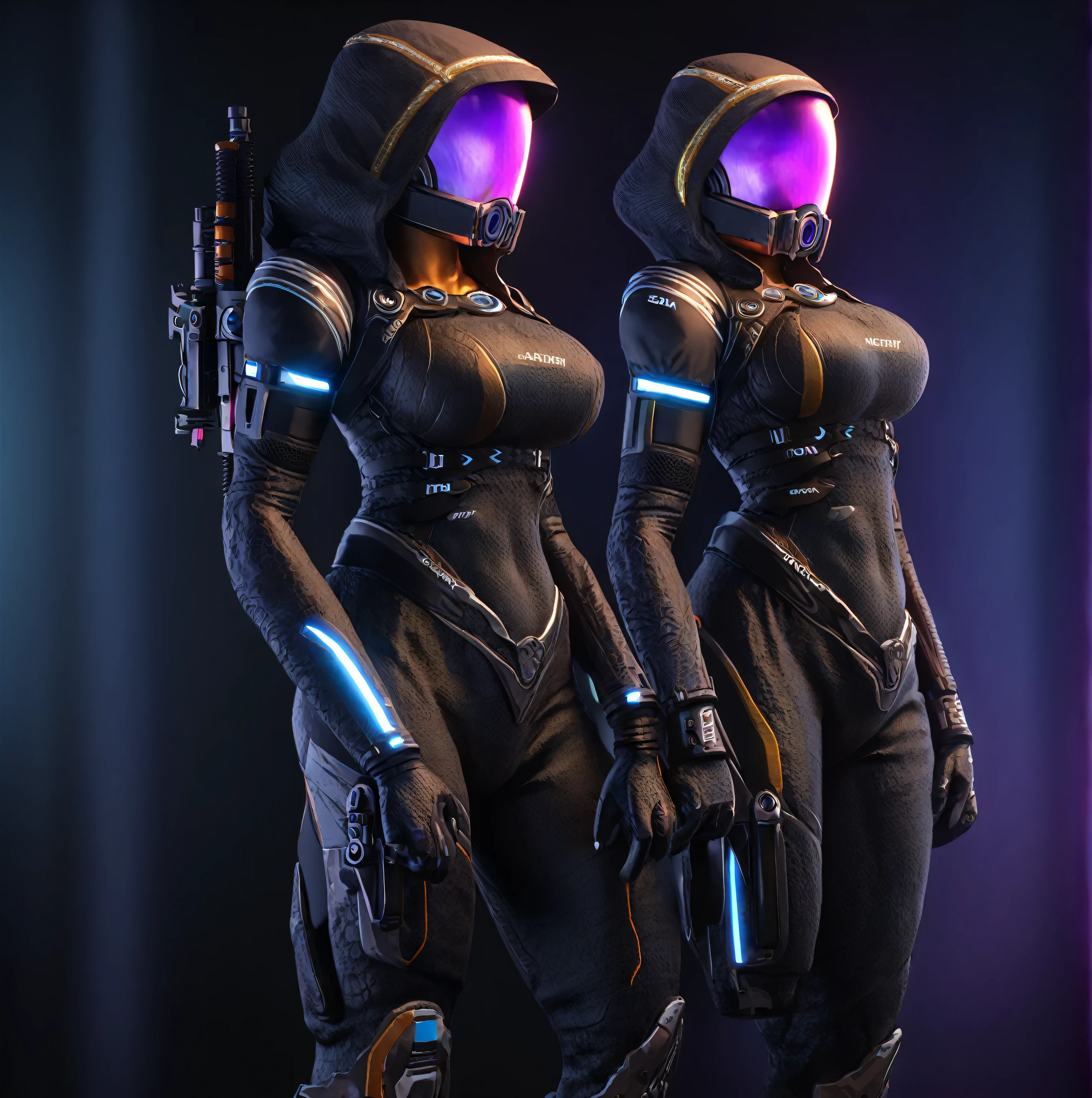Chibi Tali Zora in her ultra detailed black suit from Mass Effect, divine female athletic figure, with beautiful breasts and hips, her mask and elements on the suit glow with bright purple neon and illuminate completely against a black background, She is depicted in full growth from head to toe on a black background, She is in a leg to side pose and holding blasters, in detail down to the smallest detail, ultra realistic 8k graphics, elaborate lighting, ultra shaders, best quality, masterpiece