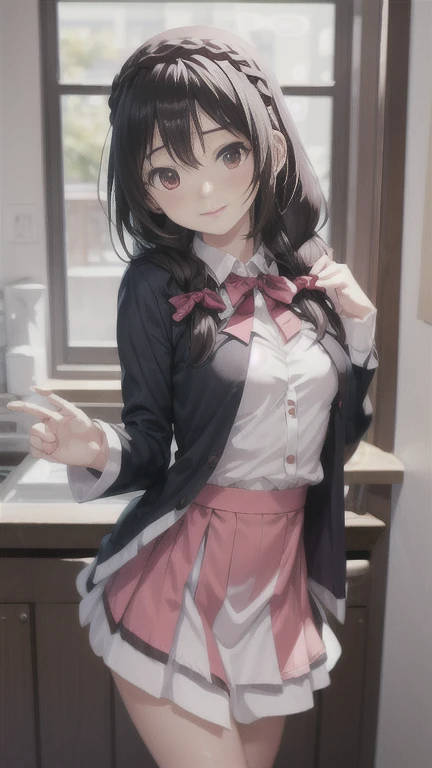 (masterpiece, Best Quality), One girl, Yunyun,Long Hair,Braiding,Micro Mini Skirt、Meeting up for a date、Shy expression