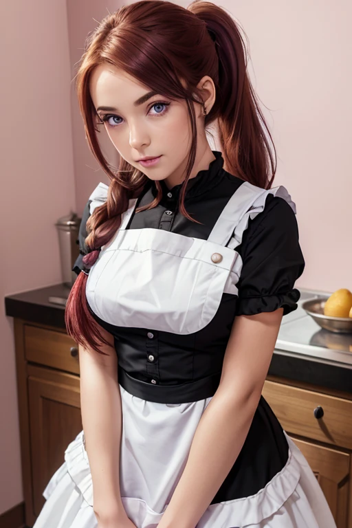 masterpiece,(Best Quality, Real,Detailed face:1.3),(One girl,Alone:1.3),Beautiful detailed eyes,  apron, gradient_background, gradient, Maid, Purple eyes,red hair,Small breasts,, break, enMaided, white_apron, black_dress, ponytail, black_footwear, Frilled_apron, dress, Maid_apron, alternate_hair,very long hair, _ponytail, halo 