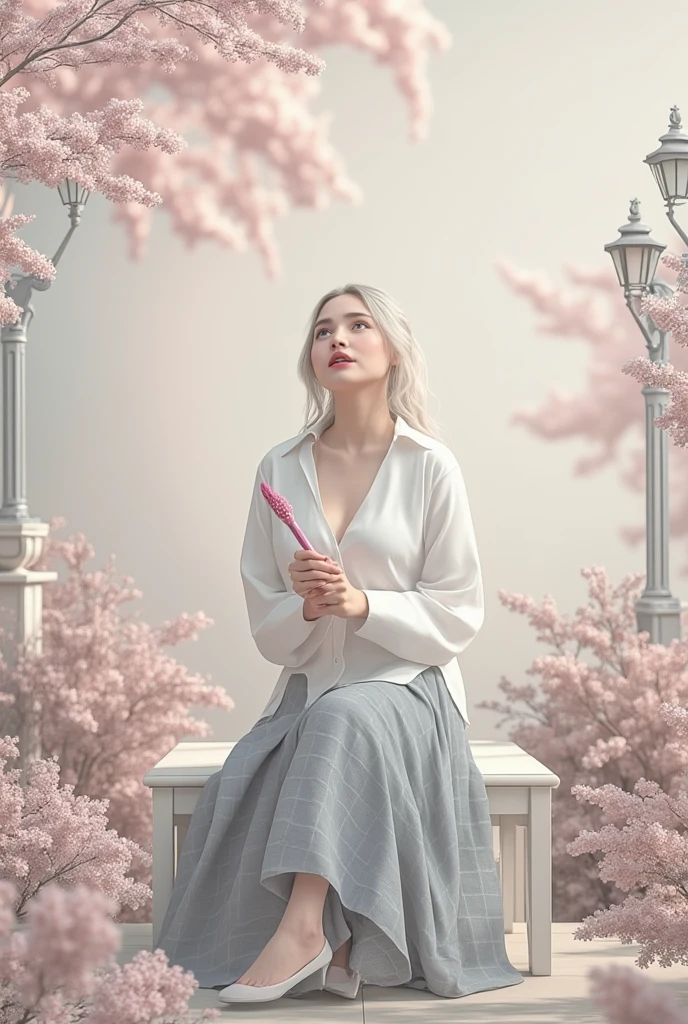 Night time,Dark,  Korean girl, gray plaid wavy skirt, pink brush , 8K, Park, white shirt, wolf hair, Doble layer hair dye, first layer are white, second layer are white, Looking up to see the cherry blossoms, pale solid colour background, cuff, up right pose, static pose, center composition, Sit on the estetic bench,estetic Garden lamp, Flowers, pets, others people,smile