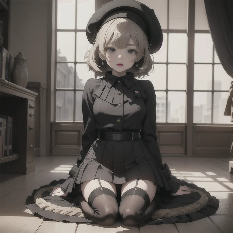 One girl, Large Breasts, Thigh-length stockings,Alone, Thigh Boots, Black Skirt, Black footwear, (((masterpiece,High resolution,Best Quality))), Alone, Blonde, On the back, Staring at the viewer, Open your mouth, Alone, , Wet clothes, heart, Raise your arms, Wet, Huge breasts, short hair, transformation, White panties, Kotoko Iwanaga, Bondage, Shibari, Constraints, bondage ropes, rope, Tied up, Constraintsされた体, (Rock vine:0.9),(beret:1.8), Drooling