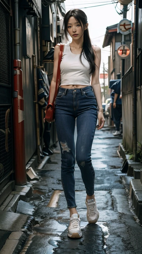 ８ｋ,Realistic skin texture、Superrealism、Realistic photos、Japanese women、、Stand up to your full height. 、Red Tank top, Blue skinny jeans、sneakers、Shinjuku back alley、Innovative Configuration、Full body photo、、A melancholic look、rain 、Black Hair、Kiss face、Large hips、Very Long Hair、Large butt