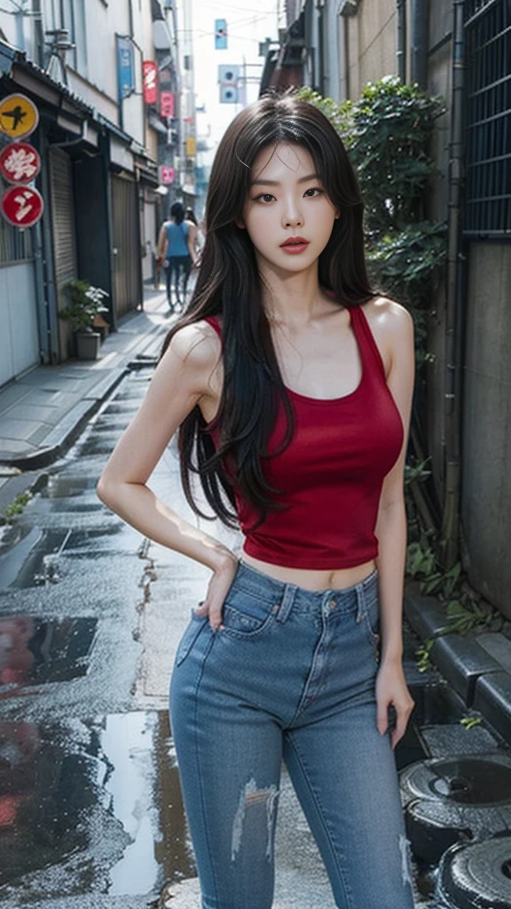 ８ｋ,Realistic skin texture、Superrealism、Realistic photos、Japanese women、、Stand up to your full height. 、Red Tank top, Blue skinny jeans、sneakers、Shinjuku back alley、Innovative Configuration、Full body photo、、A melancholic look、rain 、Black Hair、Kiss face、Large hips、Very Long Hair、Large butt