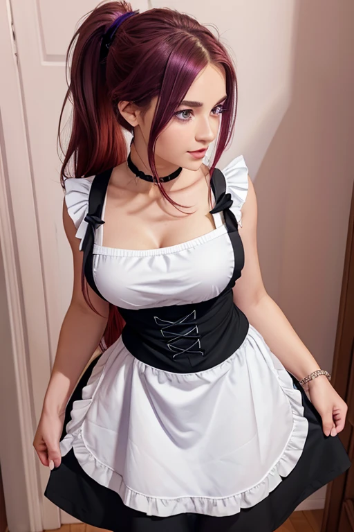 masterpiece,(Best Quality, Real,Detailed face:1.3),(One girl,Alone:1.3),Beautiful detailed eyes,  apron, gradient_background, gradient, Maid, Purple eyes,red hair,Small breasts,, break, enMaided, white_apron, black_dress, ponytail, black_footwear, Frilled_apron, dress, Maid_apron, alternate_hair,very long hair, _ponytail, halo ,Age 27,entrance,Meet and greet