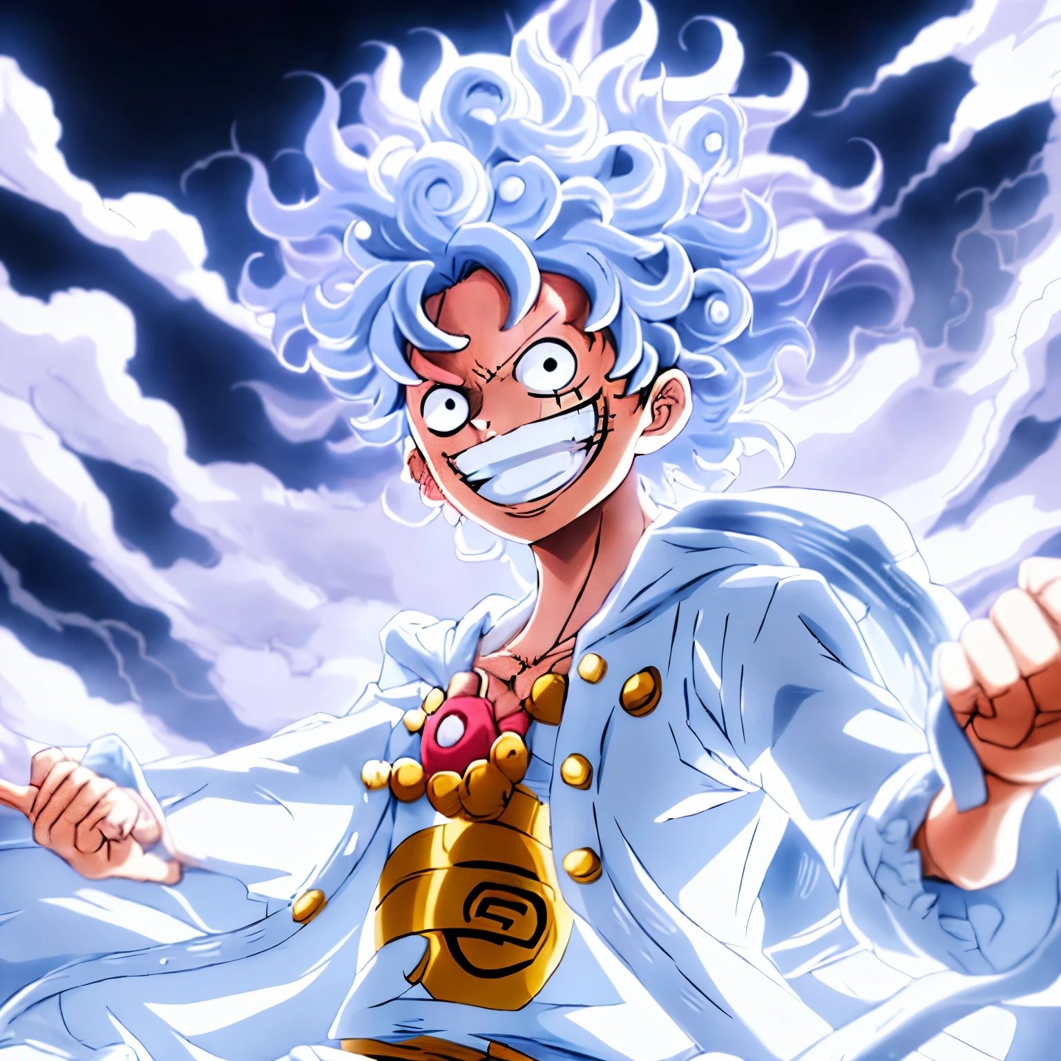 monkey d luffy from one piece anime, gear 5, sun god nika, joyboy, white wavy swirly hair, white clothes, white swirly eyebrows, anime style, anime, semi-realistic, anime, cartoon, big smile, grin, battle ready, fighting pose, lightning background, in fight mode, epic, cinematic, 