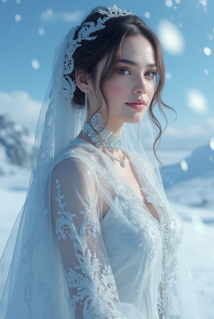 perfect figure beautiful young woman, smile, cleavage, huge breast Layered Hair Style, (Cleric:1.5), Jewelry Decoration, veil, Highly Detailed Face and Skin Textur, double-edged eyelid, long hair,  (background snow plains), diamond dust,