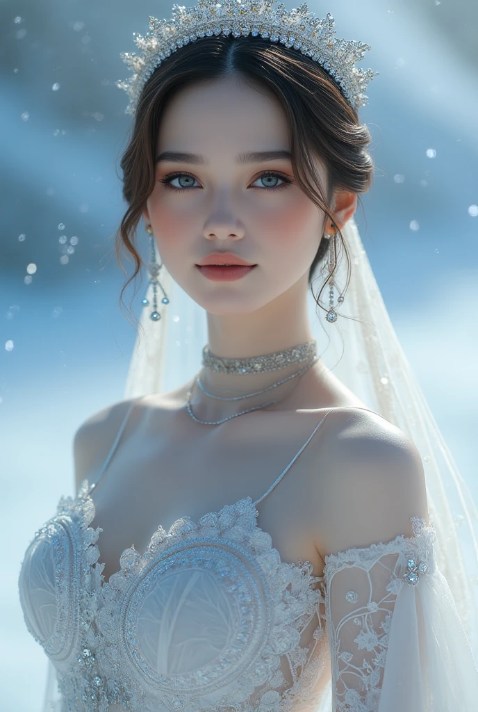 perfect figure beautiful young woman, smile, cleavage, huge breast Layered Hair Style, (Cleric:1.5), Jewelry Decoration, veil, Highly Detailed Face and Skin Textur, double-edged eyelid, long hair,  (background snow plains), diamond dust,