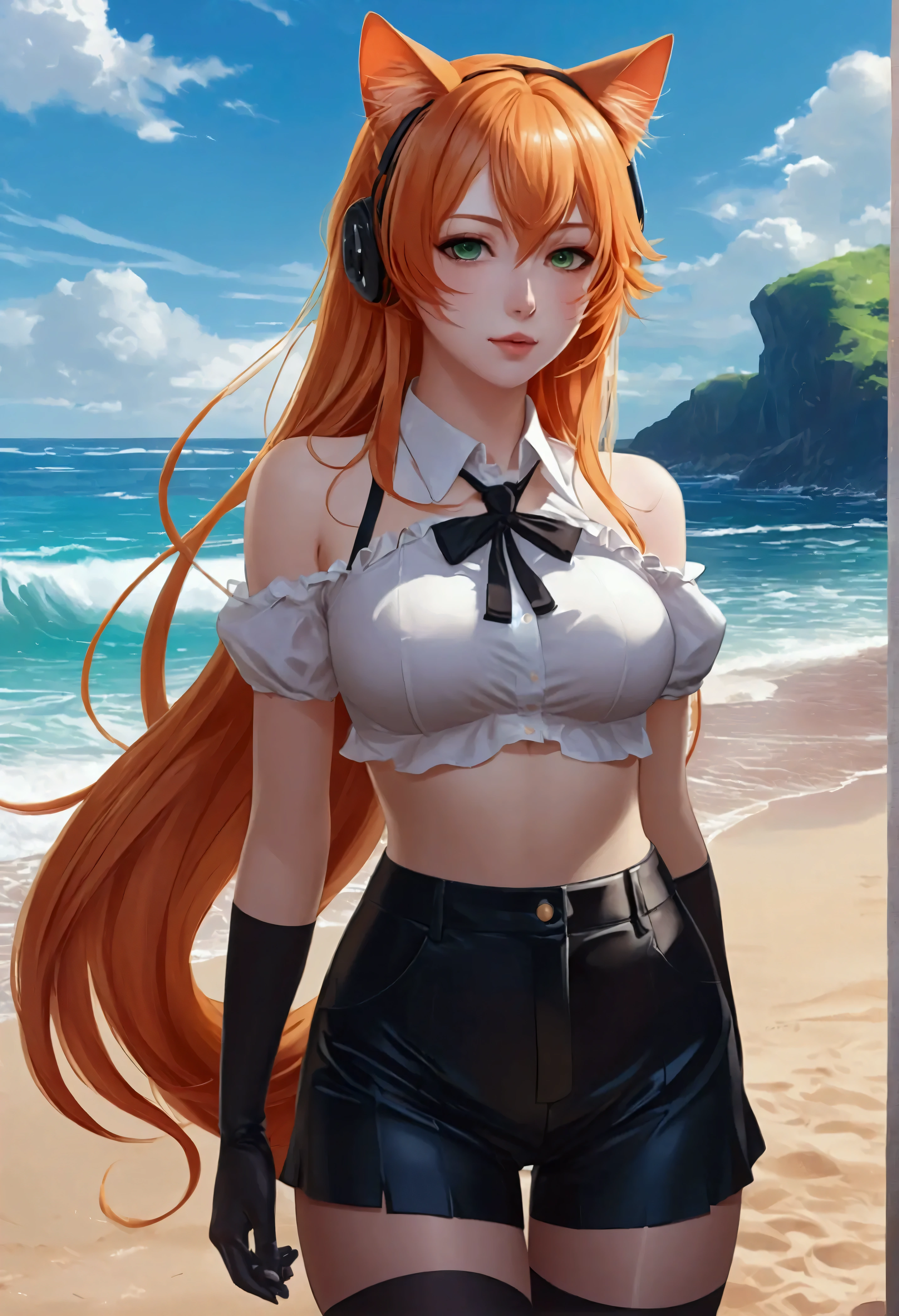 anime girl with long orange hair standing on beach near ocean, green eyes detailed digital anime art, cat ears, , anime girl with long hair, smooth anime cg art, anime girl with long hair, average breast size, digital anime art, artwork in the style of guweiz, beautiful anime portrait, photorealistic anime girl render, Shiny rubber pants, beautiful anime girl, advanced digital anime art, pantyhose, guweiz on artstation pixiv upscale HD UHD HQ