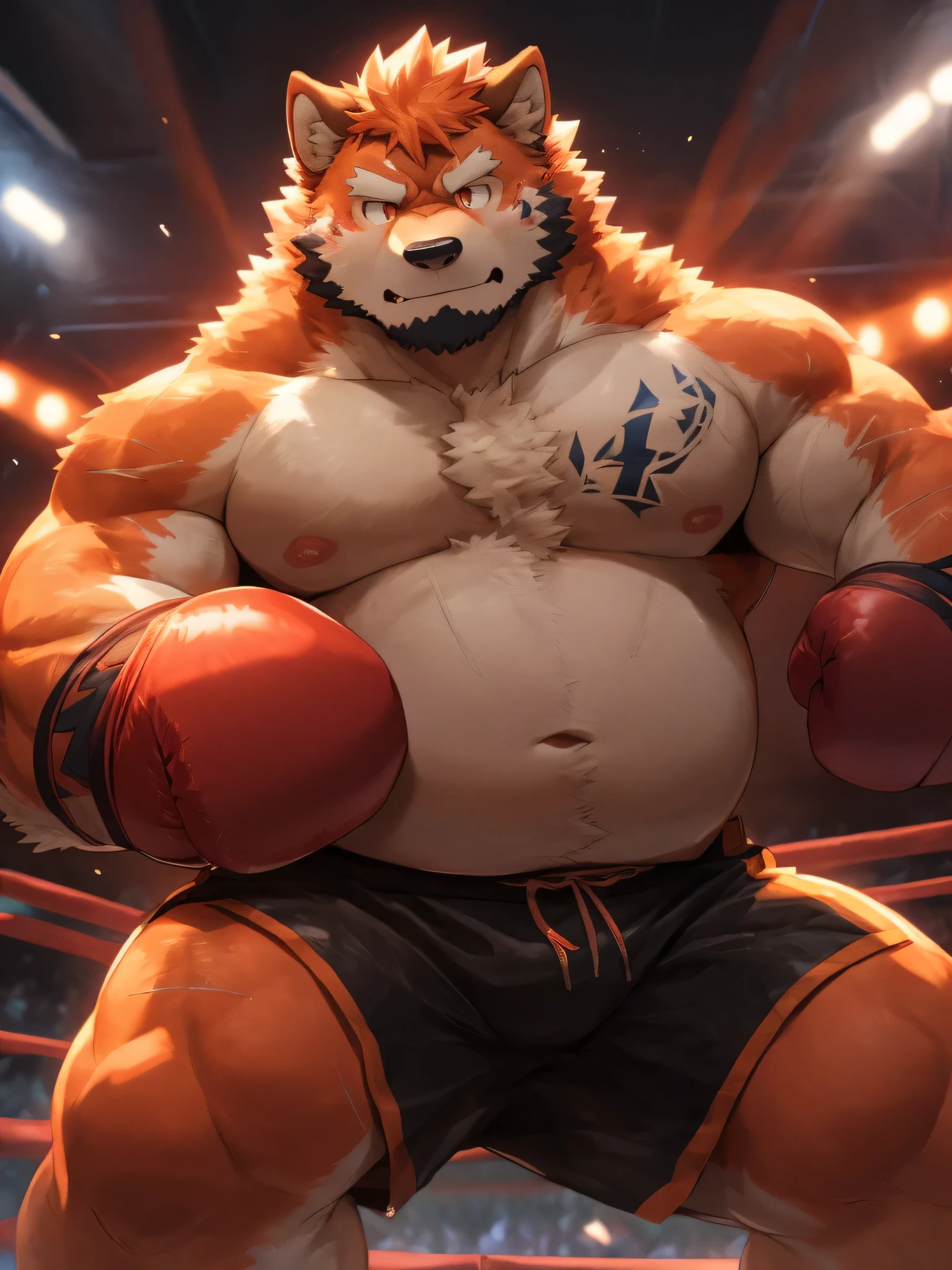 A rugged, heavyweight big belly fat body man with a round, chubby face, bright orange eyes, and thick orange hair with visible scars, wearing a boxing gloves and boxing shorts, power-less environment, looking exhausted, surrounded by fluffy, furry Yemeni wolves or wolf-orcs, with a blurred,boxing ring is background, highly detailed, high resolution, masterpiece quality image with dynamic lighting and vibrant colors, the man looks activated and disdainful, full body shot with a closed stance, in a comic book style, created by Takeuchi Arashi, Zixiong, Chuni, and Ghost of the Sky, set in boxing ring background