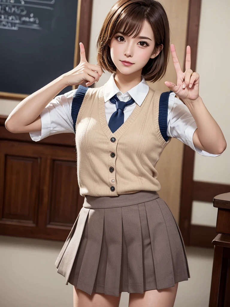 Masterpiece, Top Quality, Top Mikoto, brown eyes, short hair, small breasts, looking at viewer, alone, closed mouth, collared shirt, beige knit vest, dark blue  Skirt, school_uniform, shirt, white_shirt, classroom,Masterpiece, highest quality, 8K, detailed skin texture, fine cloth texture, beautiful detailed face, intricate details, super detailed,cute,cute posing,composition that shows the whole body, brown hair,Pointing a finger like a gun, aiming straight ahead, gun hand sign, detailed finger