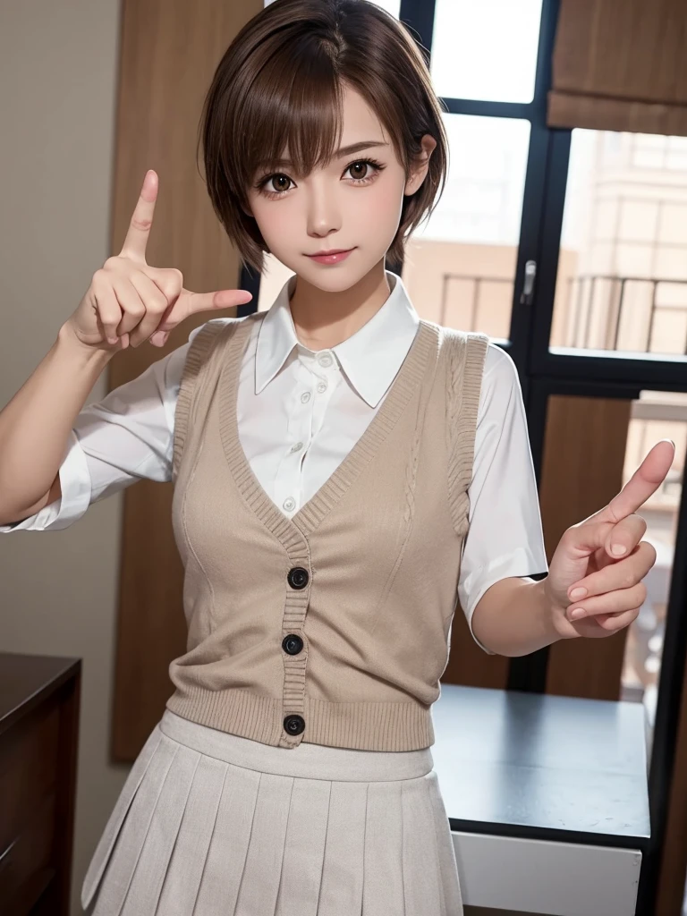 Masterpiece, Top Quality, Top Mikoto, brown eyes, short hair, small breasts, looking at viewer, alone, closed mouth, collared shirt, beige knit vest, dark blue  Skirt, school_uniform, shirt, white_shirt, classroom,Masterpiece, highest quality, 8K, detailed skin texture, fine cloth texture, beautiful detailed face, intricate details, super detailed,cute,cute posing,composition that shows the whole body, brown hair,Pointing a finger like a gun, aiming straight ahead, gun hand sign, detailed finger