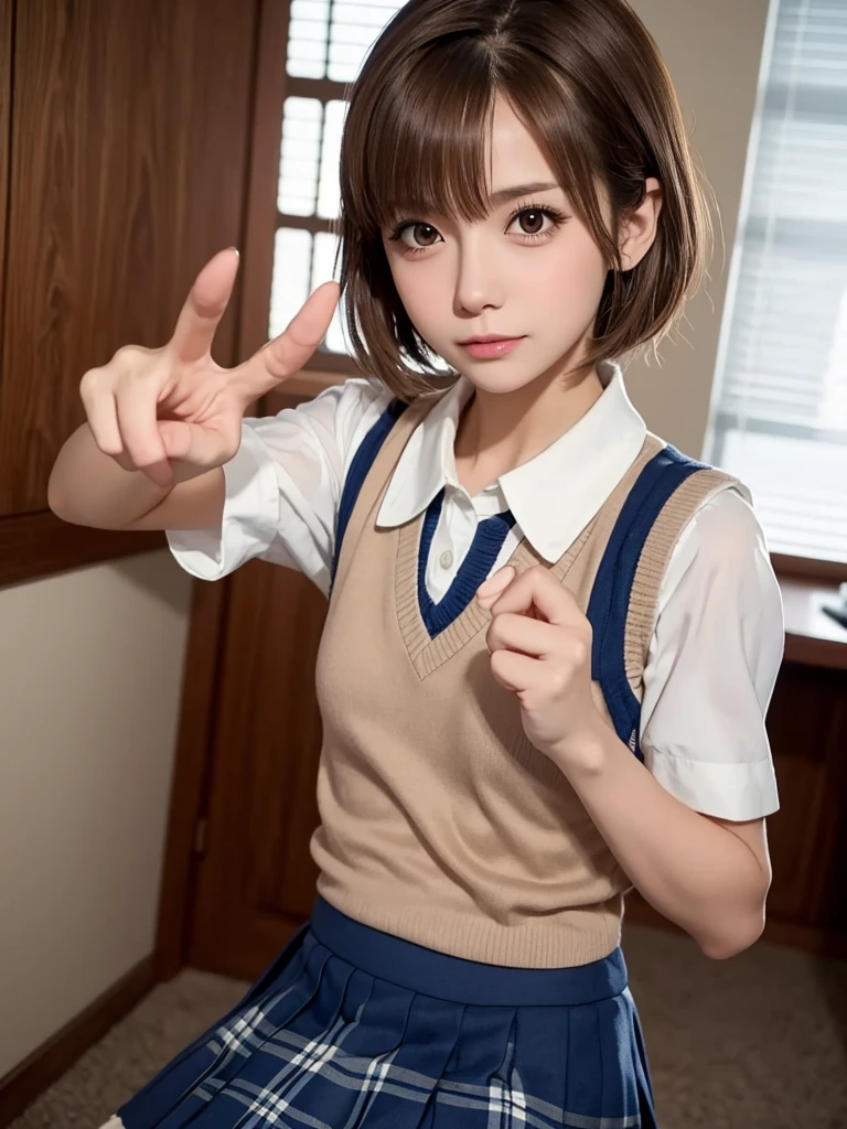 Masterpiece, Top Quality, Top Mikoto, brown eyes, short hair, small breasts, looking at viewer, alone, closed mouth, collared shirt, beige knit vest, dark blue  Skirt, school_uniform, shirt, white_shirt, classroom,Masterpiece, highest quality, 8K, detailed skin texture, fine cloth texture, beautiful detailed face, intricate details, super detailed,cute,cute posing,composition that shows the whole body, brown hair,Pointing a finger like a gun, aiming straight ahead, gun hand sign, detailed finger