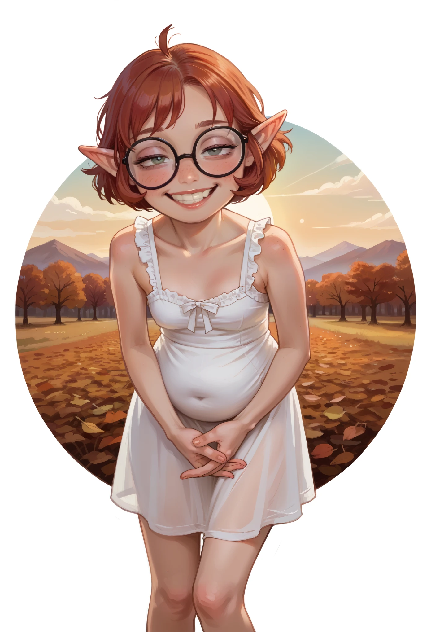 1 girl, nerdy elf woman, big teeth, glasses, (big smile, half closed eyes:1.3) (intemse eye contact:1.1), elaborate white sun dress (), (small heavy breasts:1.3), light beams, (tall torso), (skinny body with a small belly:1.3), , ((rivendell during autumn background)), extreme details, short red hair, (boyish face:1.1), , detailed autumn background , volumetric lighting, high definition, realistic anime , (long legs), (extremely detailed face:1.1), (huge and long breasts), leaning over, own hands grabbing belly, blushing belly, blushing face