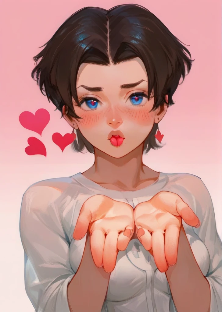 score_9,score_8_up,score_7_up, 1girl, solo, looking at viewer, High Resolution, Breasts, Blush, Short Hair, Blue eyes, anissasdxl, anissaxl, blowing kiss, heart, (masterpiece), best quality, expressive eyes, perfect face, good hands, best hands, detailed, high quality, high resolution. 8k