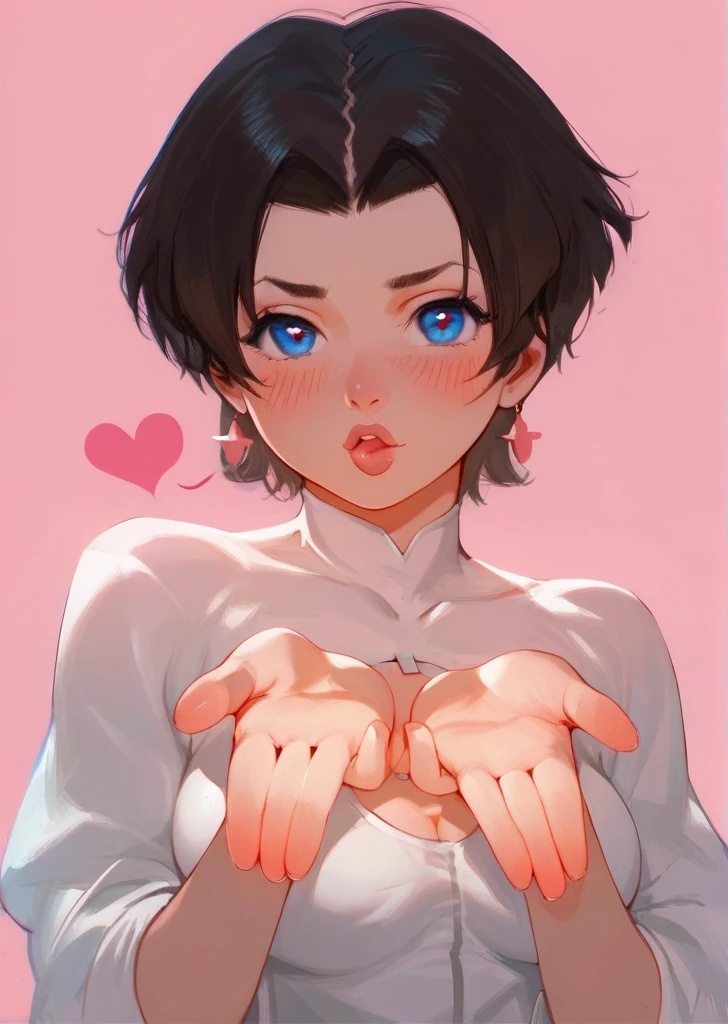 score_9,score_8_up,score_7_up, 1girl, solo, looking at viewer, High Resolution, Breasts, Blush, Short Hair, Blue eyes, anissasdxl, anissaxl, blowing kiss, heart, (masterpiece), best quality, expressive eyes, perfect face, good hands, best hands, detailed, high quality, high resolution. 8k