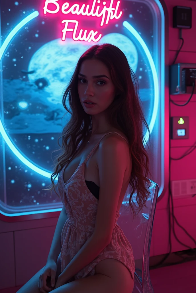 completely naked model touching her pussy, in a bedroom in the middle of the cosmos, and in the large window you can see the stars and galaxies, purple neon lights.(fat ass)(big breast)