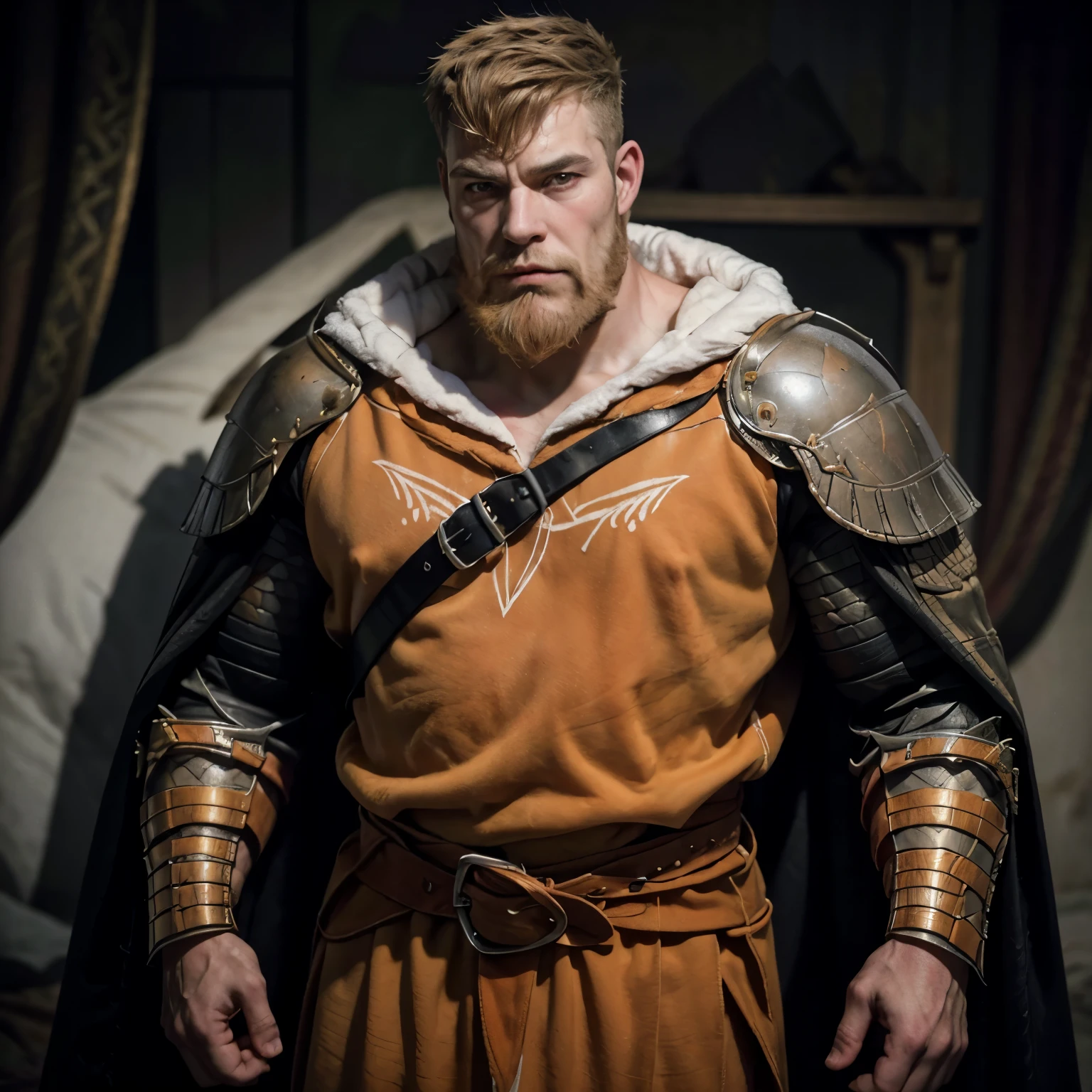 A realistic old knight, Alpha male, chubby muscle, very detail face, detail eyes, imposing lord, he is wearing a very tight cleveage robe, very detail orange robe, a detailed belt at his waist, muscular chest, very prominent pectoral, looking at the viewer, imponent pose, bright purple eyes, short whitish hair, your hair is combed to the side, beard that makes the face look square, he's serious, seu peitoral está muito apertado na roupa, Wonderful highly detailed masterpiece, beautiful cinematic light deep focus, chic, digitalpainting, smooth ass, sharp focus, golden ratio, dramatic lighting, 8k, pixiv, only