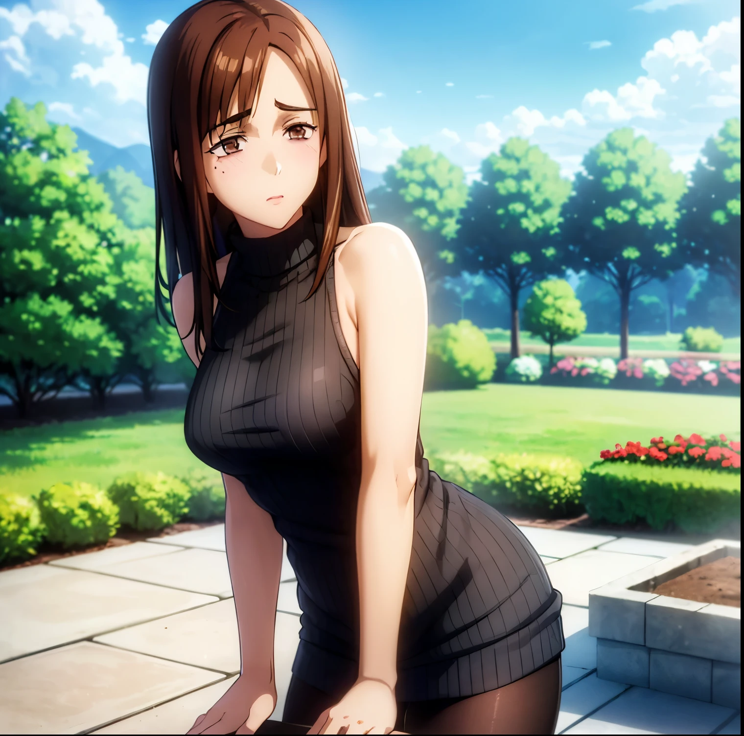 (1girl),(alone),the word is this,Masterpiece,best quality,high resolution,Ultra detailed,Brown eyes,(mole under eye: 0.8),short hair,Brown hair,swept bangs,dynamic pose, curvy body,Jean Shot,Detailed bottom,detailed eyes,(ribbed sweater:1.3),(black sweater dress:1.4),(bare arms:1.3),(bare legs:1.4) ,Black loafers,(lifting sweater dress: 1.4),(Pants over pantyhose:1.2),(blush:1.2),(embarrassment:1.4),((solo))Standing,outdoor ((outdoors,garden,Japanese farm,sunny,Clouds) ,Lace panties, Looking forward,( (focus on breasts)),pov(from the middle)perfect anatomy, perfect hands,