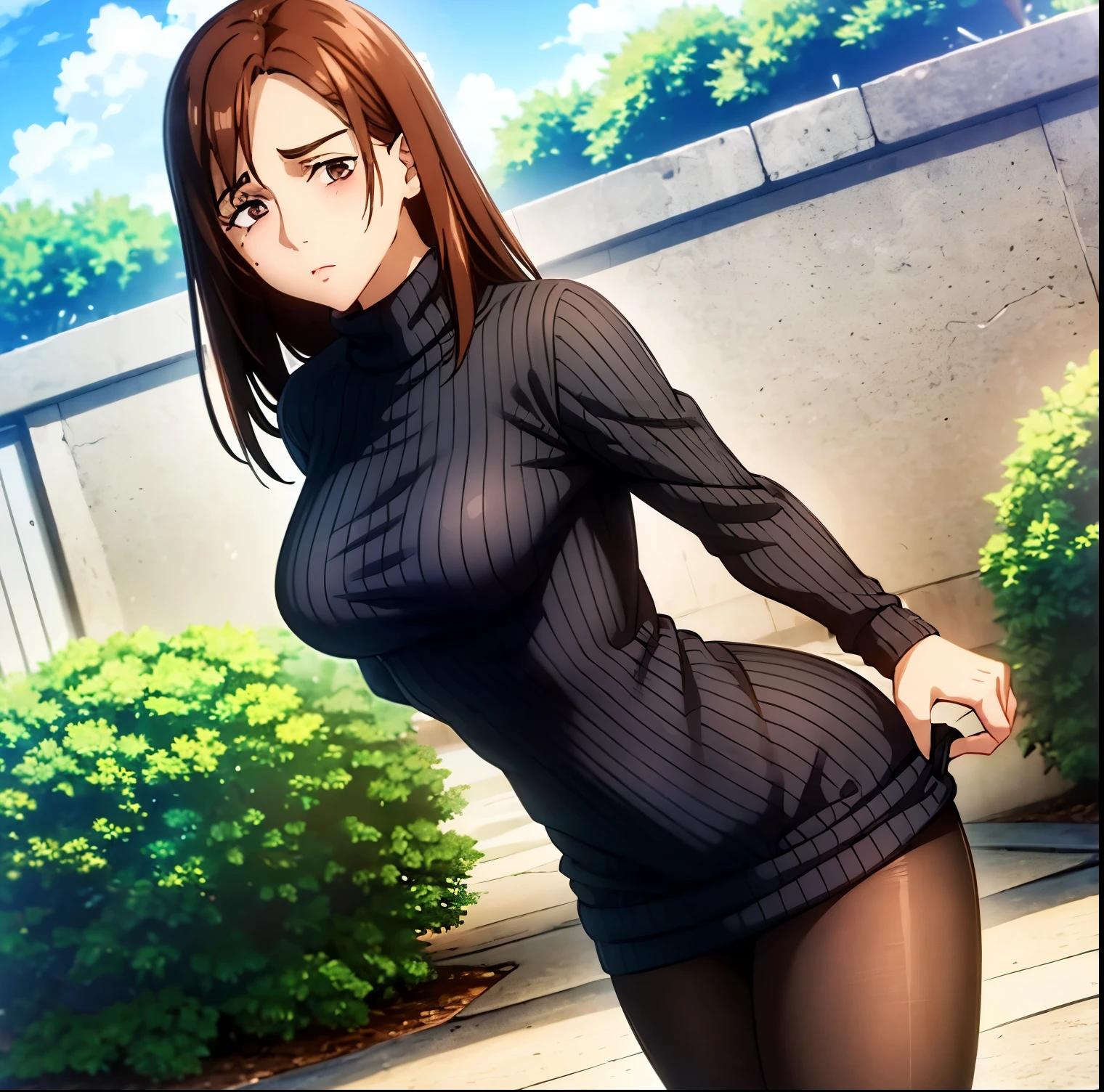 (1girl),(alone),the word is this,Masterpiece,best quality,high resolution,Ultra detailed,Brown eyes,(mole under eye: 0.8),short hair,Brown hair,swept bangs,dynamic pose, curvy body,Jean Shot,Detailed bottom,detailed eyes,(ribbed sweater:1.3),(black sweater dress:1.4),(bare arms:1.3),(bare legs:1.4) ,Black loafers,(lifting sweater dress: 1.4),(Pants over pantyhose:1.2),(blush:1.2),(embarrassment:1.4),((solo))Standing,outdoor ((outdoors,garden,Japanese farm,sunny,Clouds) ,Lace panties, Looking forward,( (focus on breasts)),pov(from the middle)perfect anatomy, perfect hands,