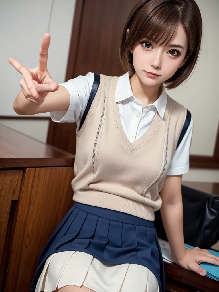 Masterpiece, Top Quality, Top Mikoto, brown eyes, short hair, small breasts, looking at viewer, alone, closed mouth, collared shirt, beige knit vest, dark blue  Skirt, school_uniform, shirt, white_shirt, classroom,Masterpiece, highest quality, 8K, detailed skin texture, fine cloth texture, beautiful detailed face, intricate details, super detailed,cute,cute posing,composition that shows the whole body, brown hair,Pointing a finger like a gun, aiming straight ahead, gun hand sign, detailed finger