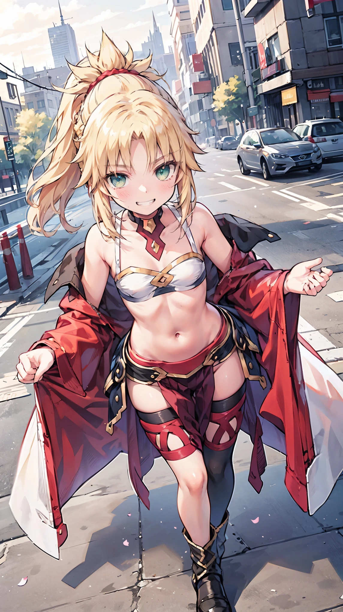 Masterpiece, Best Quality, illustration, city, 1girl, Mordred \(fate\), collarbone, Detailed blond hair ponytail braid, green eyes,,navel,thigh-high, covered_pussy,flat_chest,long_sworddangerousbeast,elbow_gloves,
,wolf_tail,wolf_ears,fang,happy,nihil,smile,spread_legs,claw_pose,armpits,open_mouth,angry,squat,bikini_bottoms,rise_hands,Highquality_hads,perfect_fingers,oil