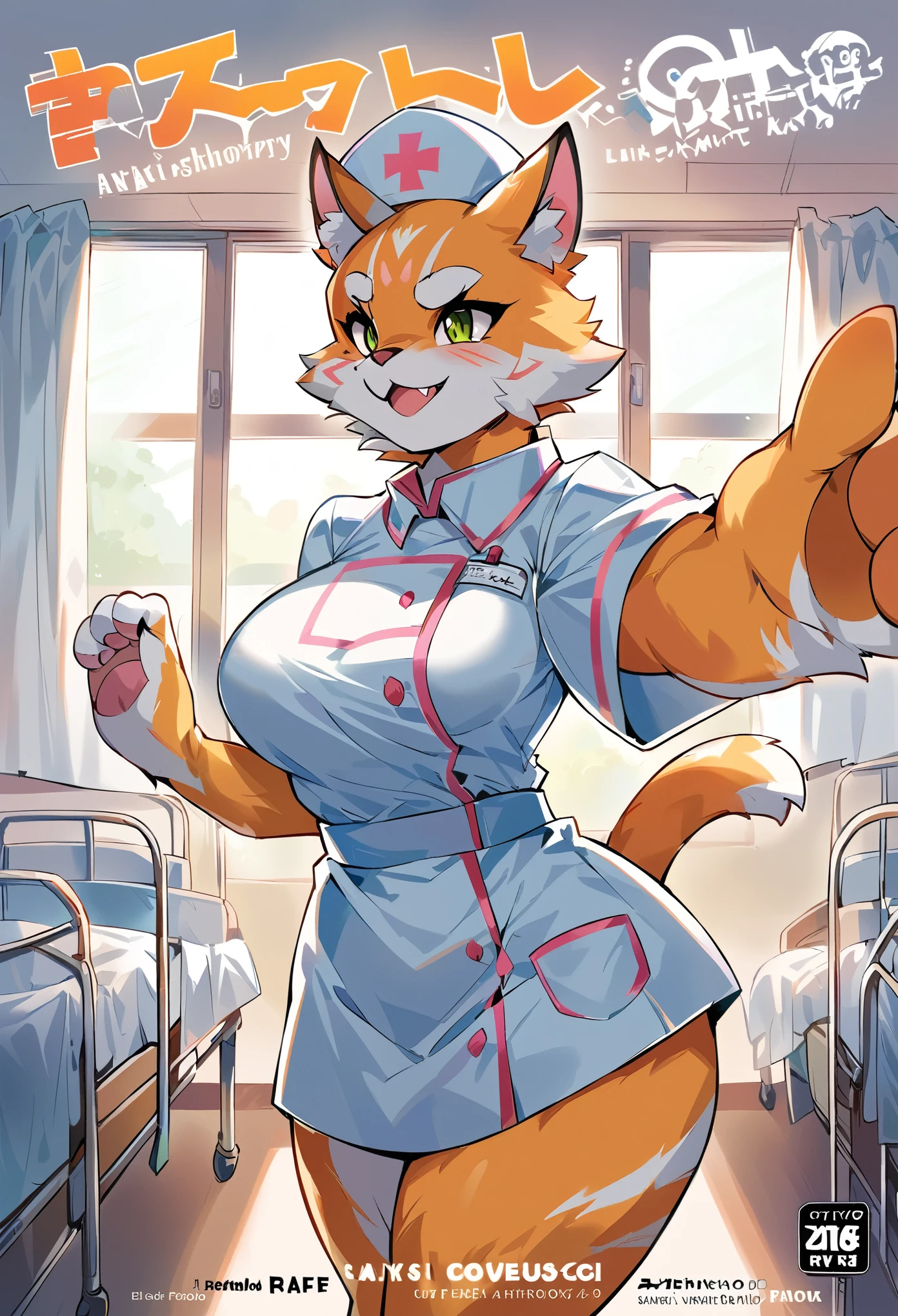 kenket, ruan jia, zaush, foxovh, (anthro furry:1.3, anthro:1.3, furry:1.2), (gray fur, dark gray stripes:1.3), female anthropomorphic feline,(cat:1.7), (anthro:1.5), florescent lights, overhead lighting, nurse, female furry, nurse outfit(((pale green nurse scrubs, yellow undershirt, trainer shoes:1.5))), (huge breasts, gigantic breasts:1.7), (hyper breasts:1.7), (sagging breasts, covered breasts:1.4), detailed eyes, pale yellow eyes, detailed face(long eyelashes, full lips:1.5), (feminine hands, feminine feet:1.6), dark red hair(bob cut, very dark red hair:1.6), (tiny waist, broad hips:1.6), (athletic: 1.1), (skinny muscle:1.1), (thin arms:1.2), (short stature:1.1), (thick thighs:1.3), ((sitting in break room)), (hospital break room), sitting at table, tired, slouched, cup of coffee