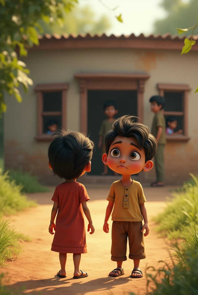 In 3D animation style:Ramesh’s children, Seema and Ajay**, standing outside a village school, looking longingly at the children inside who are attending class.