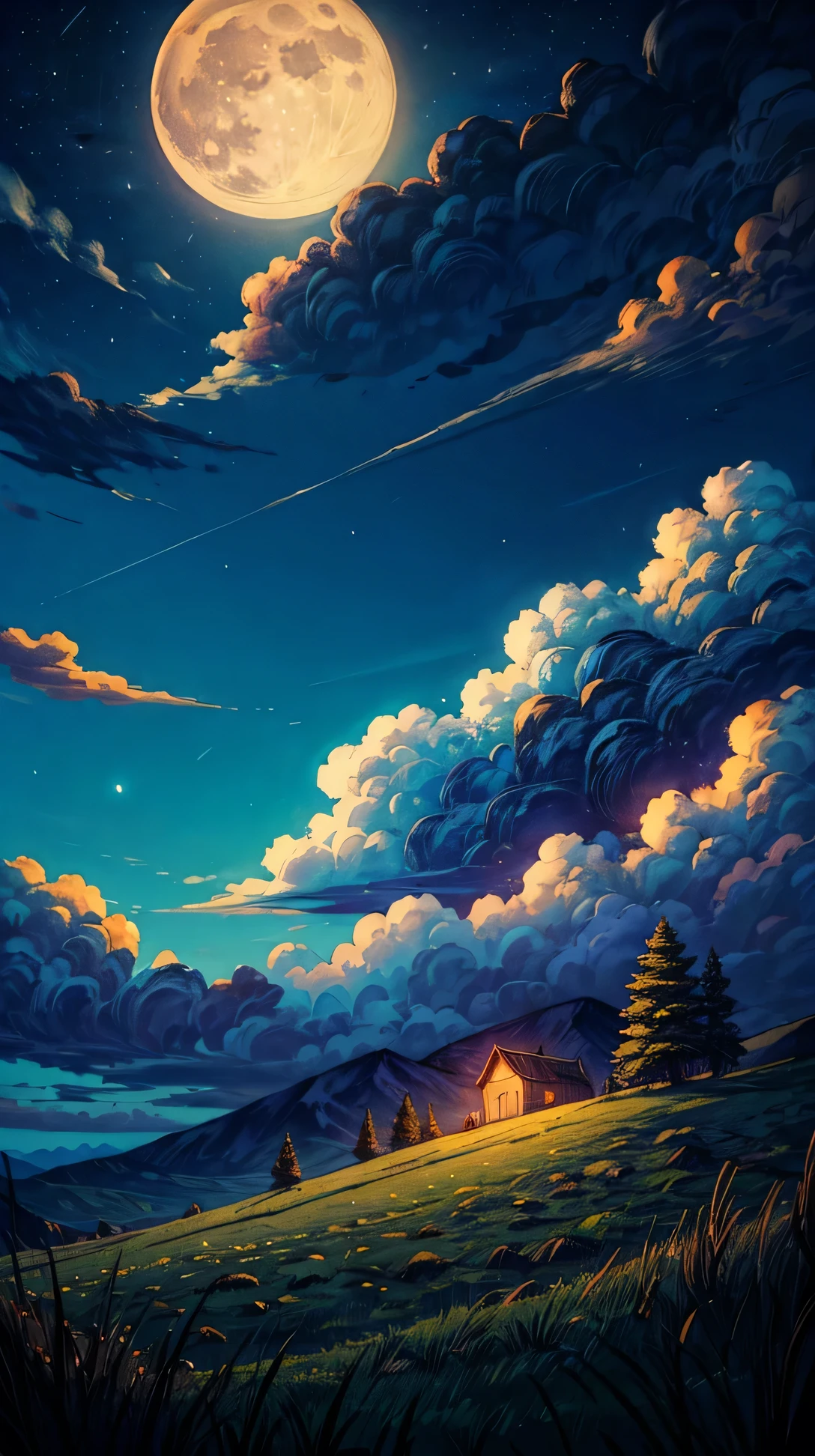 (landscape),(night), (full-moon), hill, short grass, amazing night, amazing clouds, beautiful night, beautiful clouds, colored sky, high qualitity sky, a lot of clouds