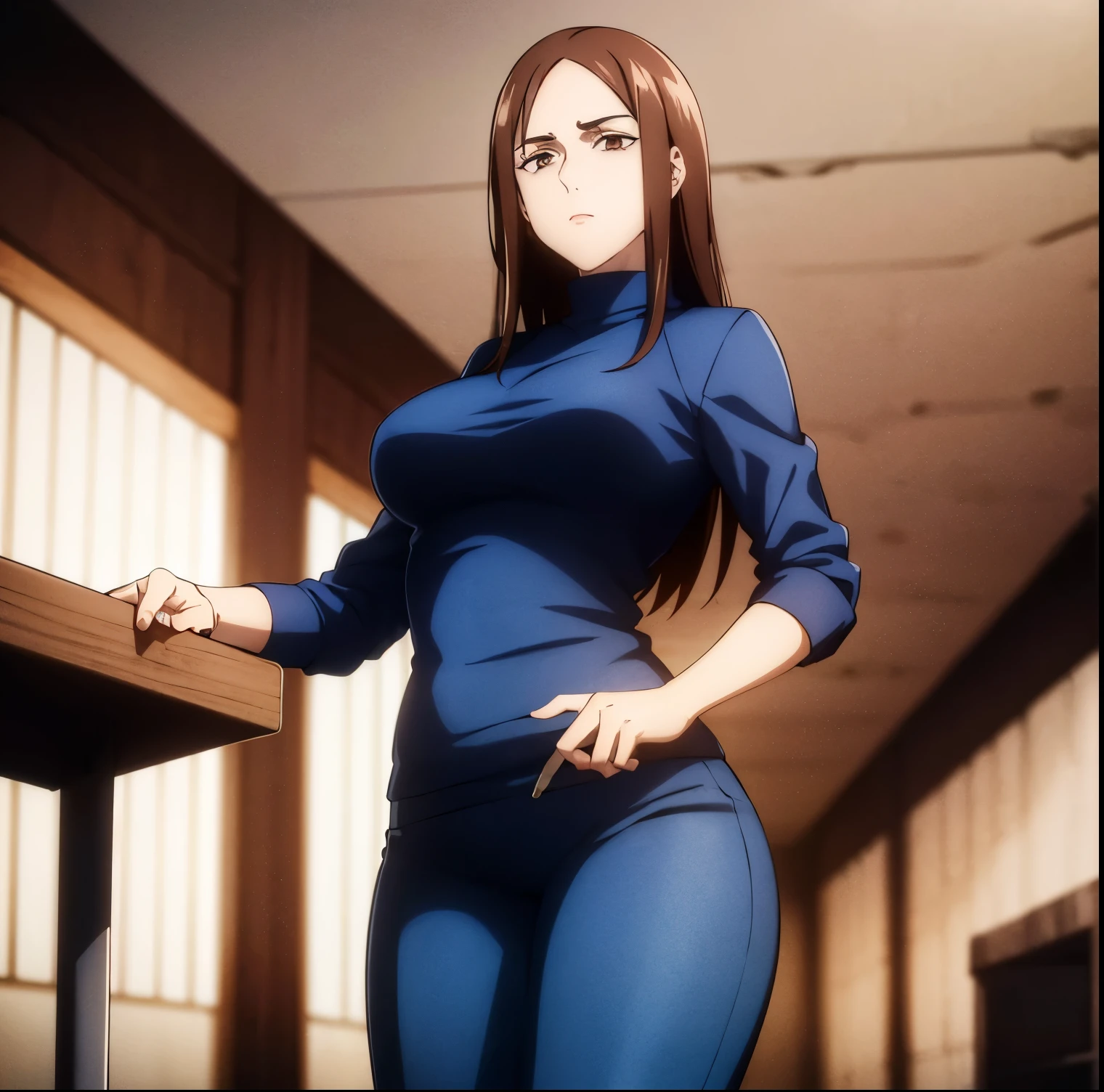 ((1girl)),((alone)),Shouko ieiri, \(jujutsu kaisen \),(masterpiece), (best quality), (ultra detailed), (best illustration), (best shadow), (absurdities) , sharp focus, cowboy shot, atmospheric perspective, depth of field, dynamic posture, ((looking at viewer)), large breasts, narrow waist, wide hips, medium thighs, round butt, erotic, romantic, (highly detailed eyes, lips 1.1), very detailed eyes, eyes, Very detailed face, Very beautiful face, Symmetrical face, Aesthetic face, perfect face, perfect eyes, detailed eyelashes: 1.5), full height, beautiful slim figure, femininity, apathetic look, big breasts elastics, sexuality, parted lips, ((Brown eyes)), (mole under the eye: 0.8), ((dark circles)), medium hair, brown hair, swept bangs, ((lab coat)), (( blue sweater)), tight sweater, ((holding a cigarette with fingers)), turtleneck, ((blue pants)), tight pants, ,cowboy photo,curves, defined body,Perfect and beautiful body, perfect and beautiful, calm look,closed mouth,((serious expression)),(sexy pose: 1.2), standing :1.3,((solo)),( (inside, Morgue, stretcher, autopsy table, chairs)), Looking forward, ((focus on thighs: 1.4)), point of view: (from below), perfect anatomy, perfect hands