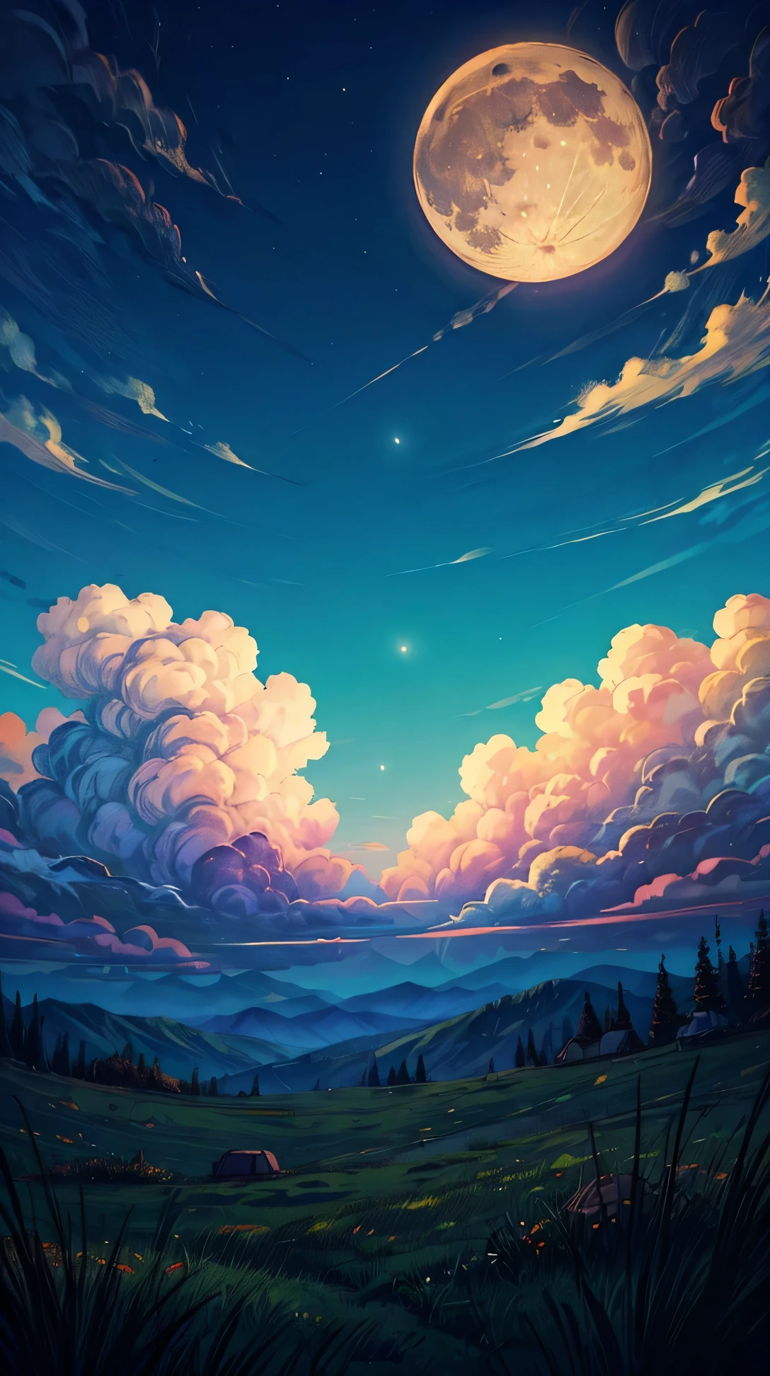 night, (full-moon), hill, short grass, amazing night, amazing clouds, beautiful night, beautiful clouds, colored sky, high qualitity sky, a lot of clouds