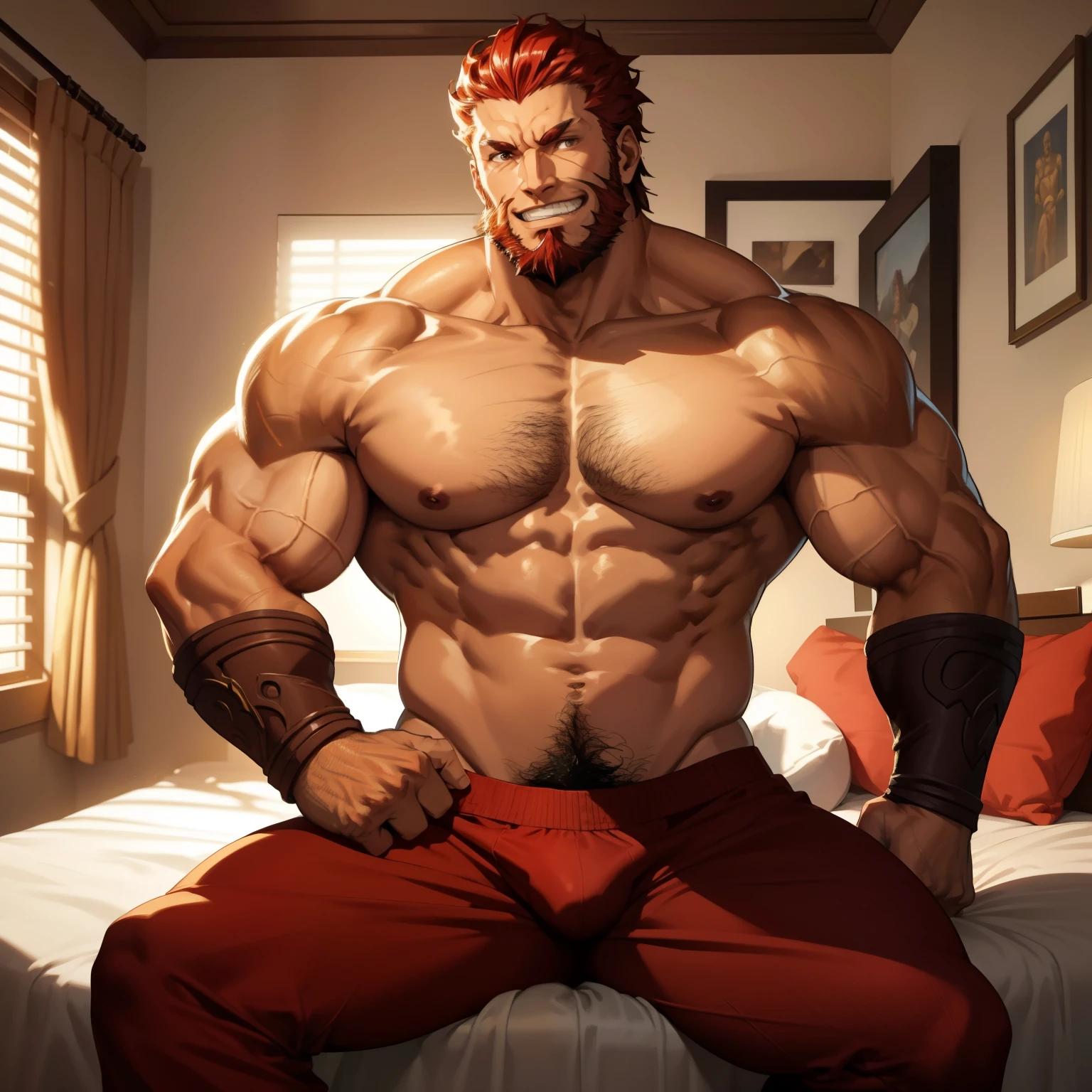 The insane muscular Iskandar sitting on the bed with his legs open, bodybuilder, he is smiling, he has a big bulge in his groin, Big bulge, very wide chest, your body has many veins, your beard makes your face square. Wonderful highly detailed masterpiece, beautiful cinematic light deep focus, chic, digitalpainting, smooth ass, sharp focus, golden ratio, dramatic lighting, 8k, pixiv, only