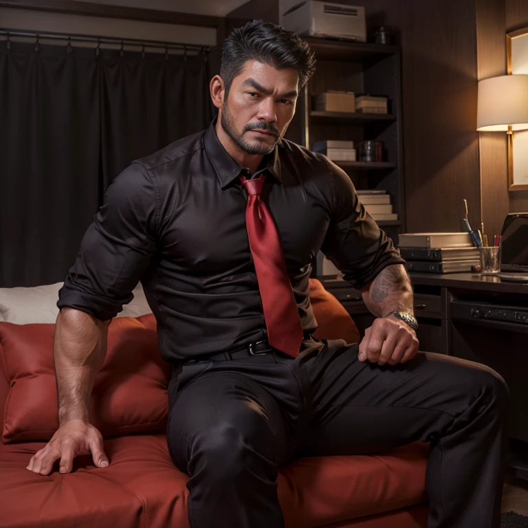 40-year-old father,One Man、Black Shirt、Red tie、black slim pants、indoor、futon、,Muscular、Short hair thinning、Asian Face　Stubble　　Bad guy face　front　