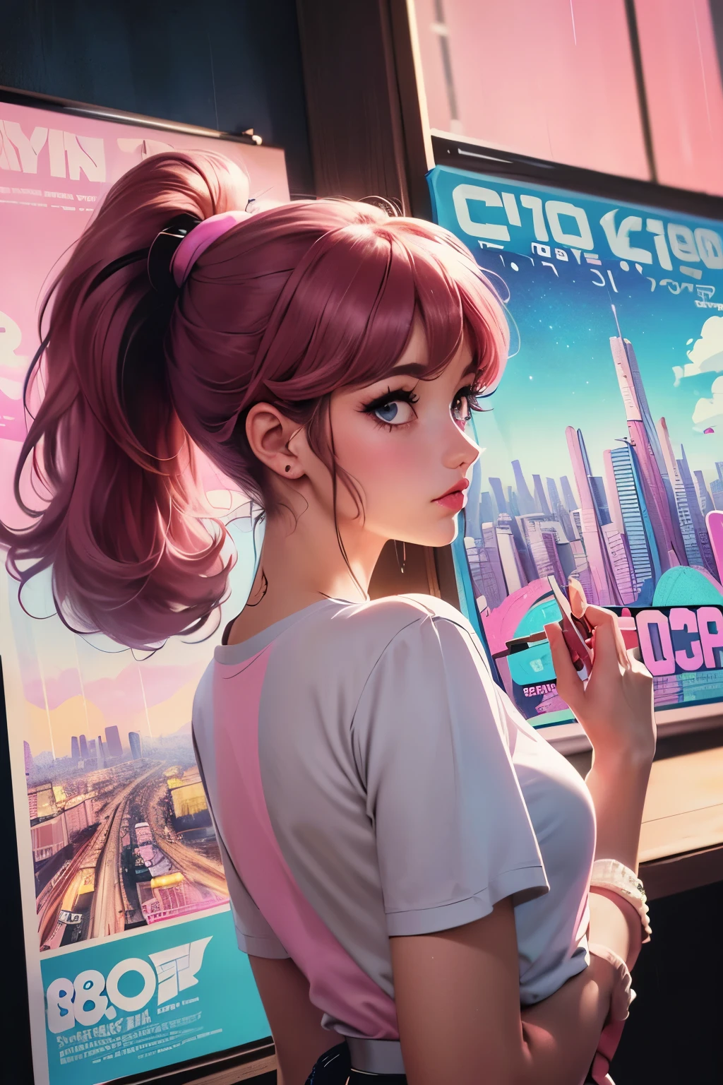 (80's, Retro City Pop Poster:1.5), (Album cover), (masterpiece, Best Quality), (anime, figure), (Pastel colors:1.4), Best photo poses, Dynamic Angle, Studying in the room, dark pink hair, ponytail, It's raining outside, Side cut, Alone, A perfect eye for detail, Delicate face, High Fashion,