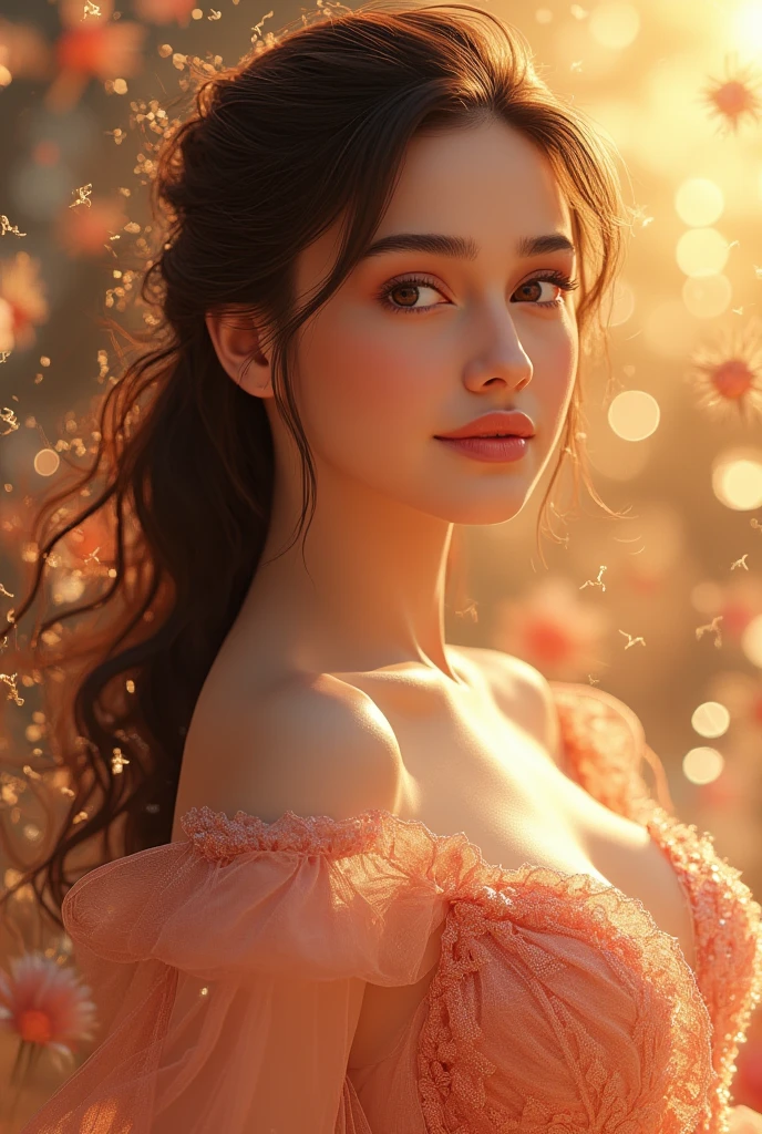 a young woman with long beautiful hair, in a cute idol dress, detailed facial features, hyperrealistic, 8k, highly detailed, cinematic lighting, digital painting, vibrant colors, glowing skin, intricate folds in dress, flowing hair, beautiful eyes, perfect proportions, dynamic pose, elegant, fantasy, ethereal atmosphere