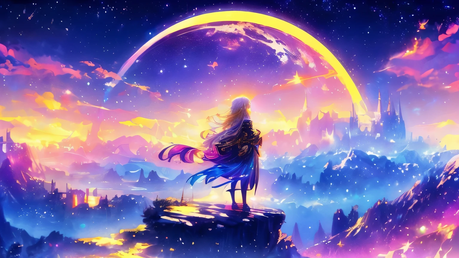 A girl standing on a cliff looking at a rainbow - colored sky - SeaArt AI