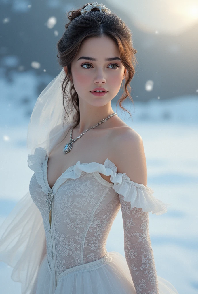 perfect figure beautiful young woman, smile, cleavage, huge breast Layered Hair Style, (Cleric:1.5), Jewelry Decoration, veil, Highly Detailed Face and Skin Textur, double-edged eyelid, long hair, (background snow plains), diamond dust,