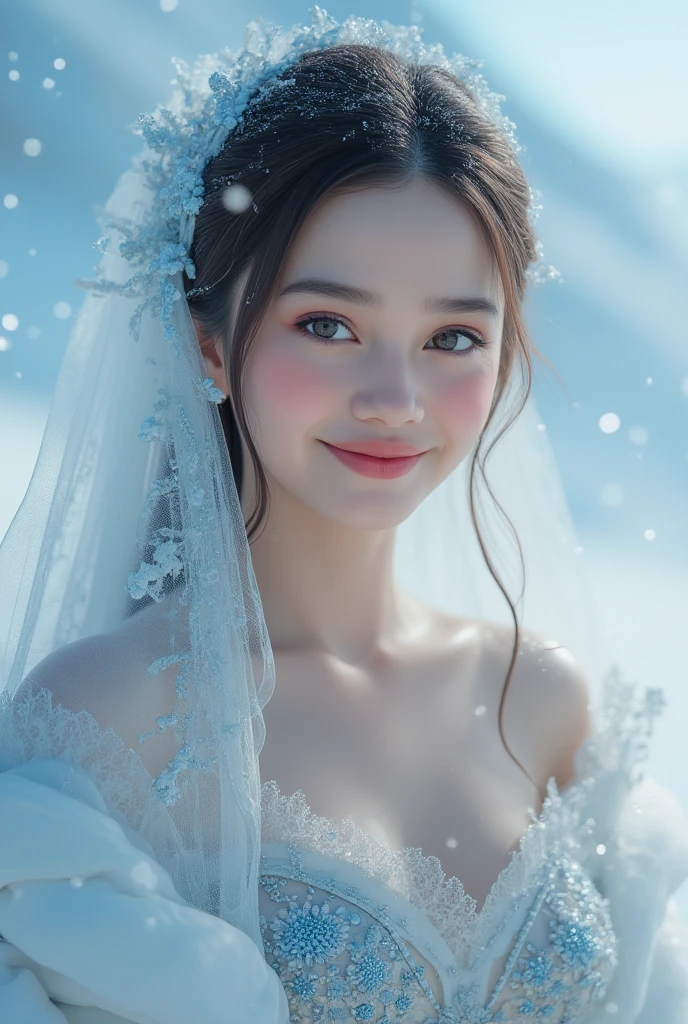 perfect figure beautiful young woman, smile, cleavage, huge breast Layered Hair Style, (Cleric:1.5), Jewelry Decoration, veil, Highly Detailed Face and Skin Textur, double-edged eyelid, long hair, (background snow plains), diamond dust,