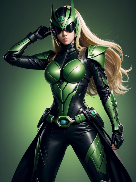 1 teenage girl. Slim body. huge breast, cleavage, Female Kamen rider. Basilisk styled kamen rider. Green mix black female kamen rider suit. Basilisk styled full face kamen rider helmet. face exposed. long blonde hair exposed. Kamen rider belt. Standing pose. Green background.