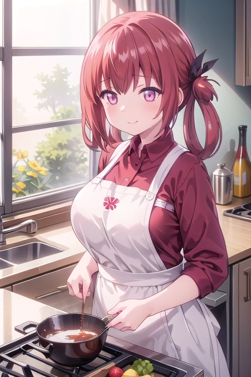 One Girl, Kurumizawa，Ultra-high resolution photos，Global Illumination，cute，smile，Big Breasts，kitchen，apron，cooking