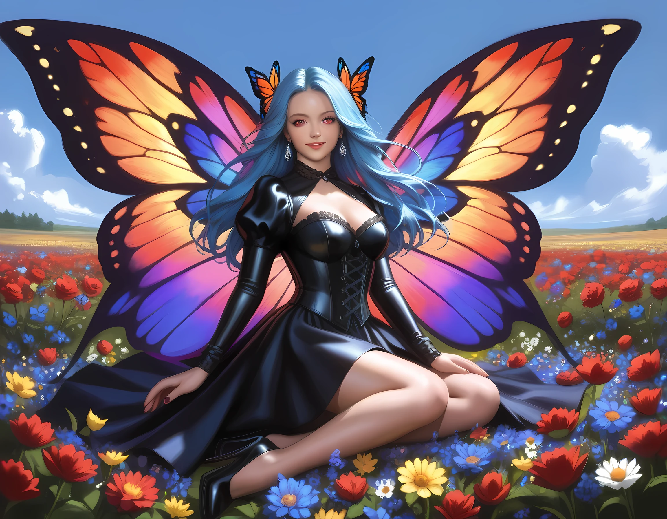 high details, best quality, 16k, RAW, [best detailed], masterpiece, best quality, (extremely detailed), full body, ultra wide shot, photorealistic, dark fantasy art, goth art, RPG art, D&D art, a picture of a dark female fairy resting in a flower meadow, extremely beautiful fairy, ultra feminine (intense details, Masterpiece, best quality), best detailed face (intense details, Masterpiece, best quality), having wide butterfly wings, spread butterfly wings (intense details, Masterpiece, best quality), dark colors wings (intense details, Masterpiece, best quality), (blue) hair, long hair, shinning hair, flowing hair, shy smile, innocent smile, (red: 1.3) eyes, dark red lips, wearing [red] dress latex corset (intense details, Masterpiece, best quality), dynamic elegant shirt, chocker, wearing high heels, in dark colored flower meadow (intense details, Masterpiece, best quality), (red flowers: 1.2) , (black flowers: 1.2), (white flowers: 1.2), (blue flowers: 1.3) [extreme many flowers] (intense details, Masterpiece, best quality), dark colorful flowers (intense details, Masterpiece, best quality), flower meadow in a dark goth field background, dim light, cinematic light, High Detail, Ultra High Quality, High Resolution, 16K Resolution, Ultra HD Pictures, Clear Details, Realistic Detail, Ultra High Definition, DonMF41ryW1ng5XL, NRART