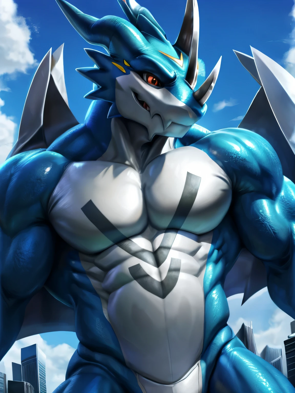 8k, High resolution, Super detailed, solo, (Exveemon-style Ultraman) He crosses his arms in front of his chest, macro in a miniscule city, Villain