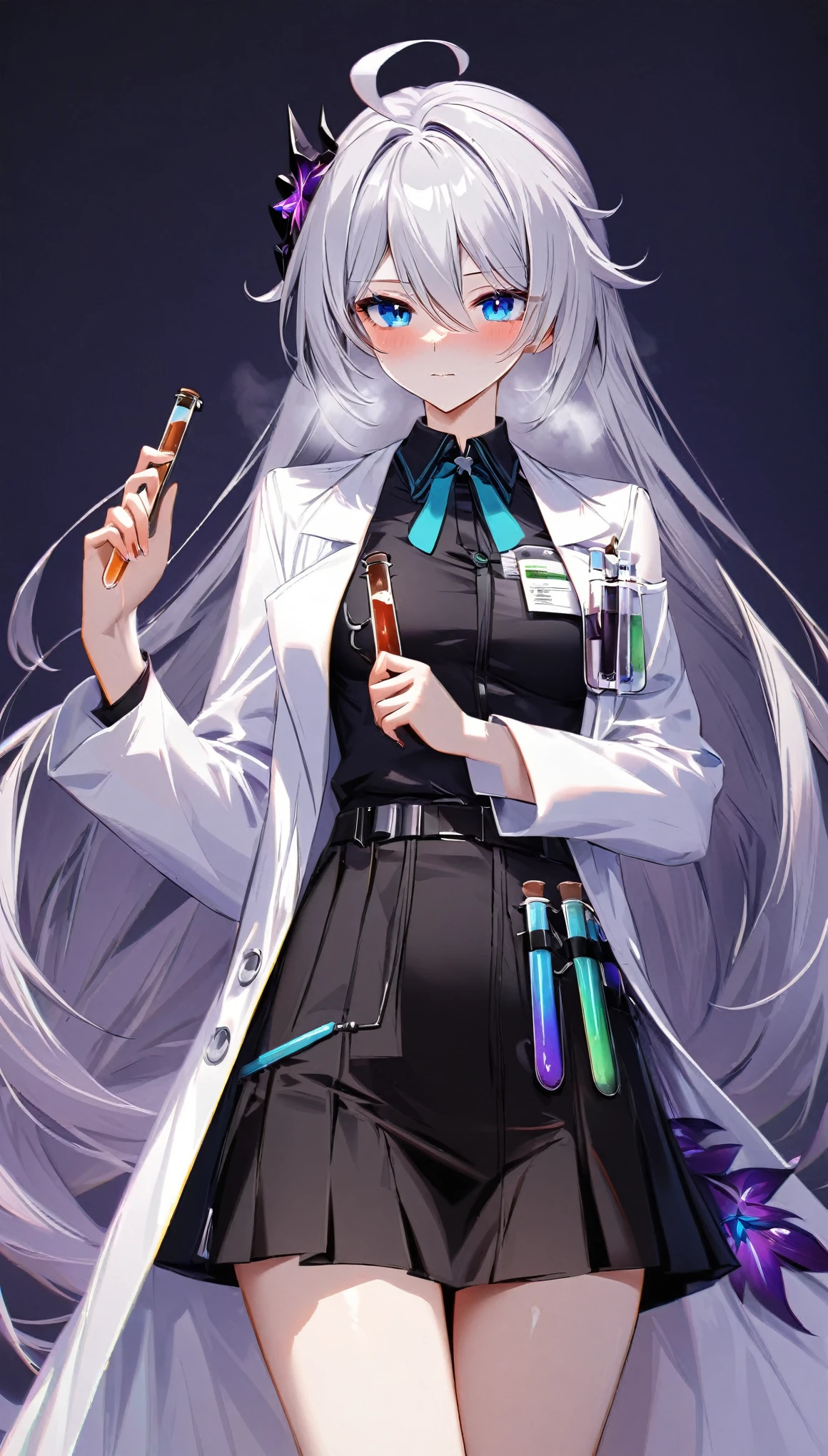 ultra HD, high-resolution, detailed, (highly detailed:1.5), (sharp focus:1.4), (crisp edges:1.3), 1girl, looking at view, kiana kaslana \(honkai impact 3rd\), herrscher of finality, silver hair, ahoge, very long hair, blue eyes, medium breast, skinny skin, blush, closed mouth, heavy breathing,  (scientific lab coat:1.5), black shirt, (test tubes:1.6), (black skirt:1.5), (scientific accessories:1.6), (scientist outfit:1.4), dark background